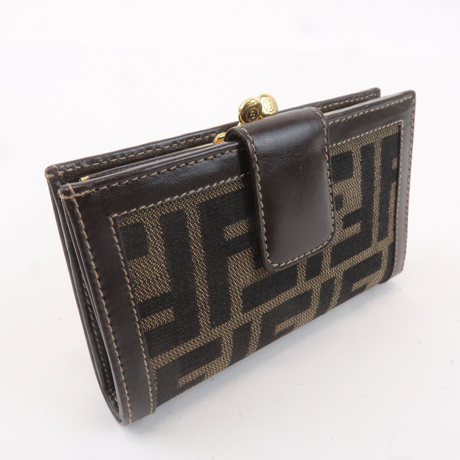 FENDI Zucca Canvas Leather Kiss Lock Bi-fold Wallet Brown 1692