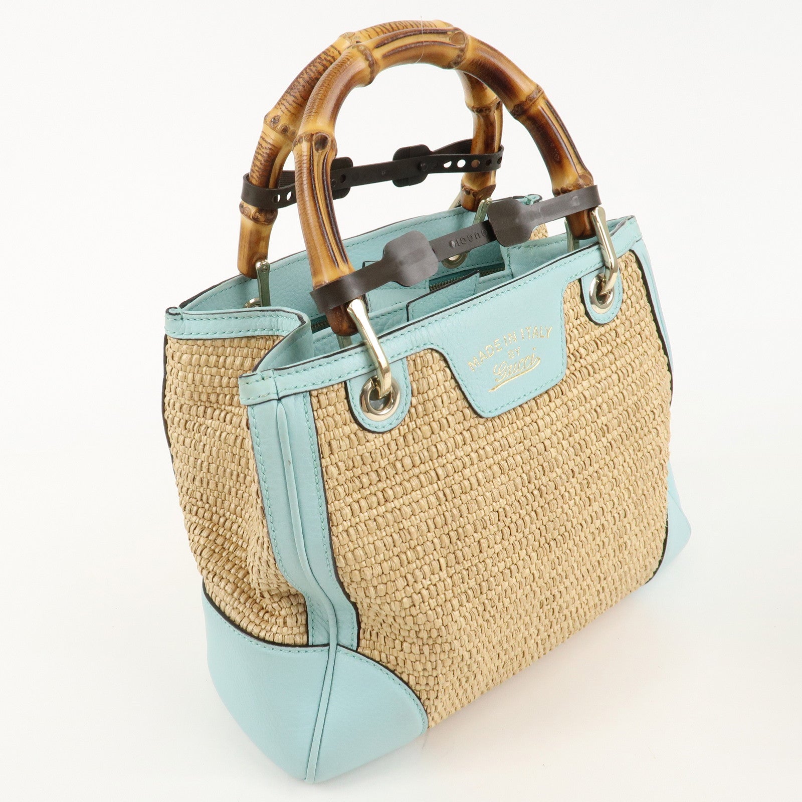 GUCCI Bamboo Raffia Leather Small Shopper Hand Bag Blue 336032