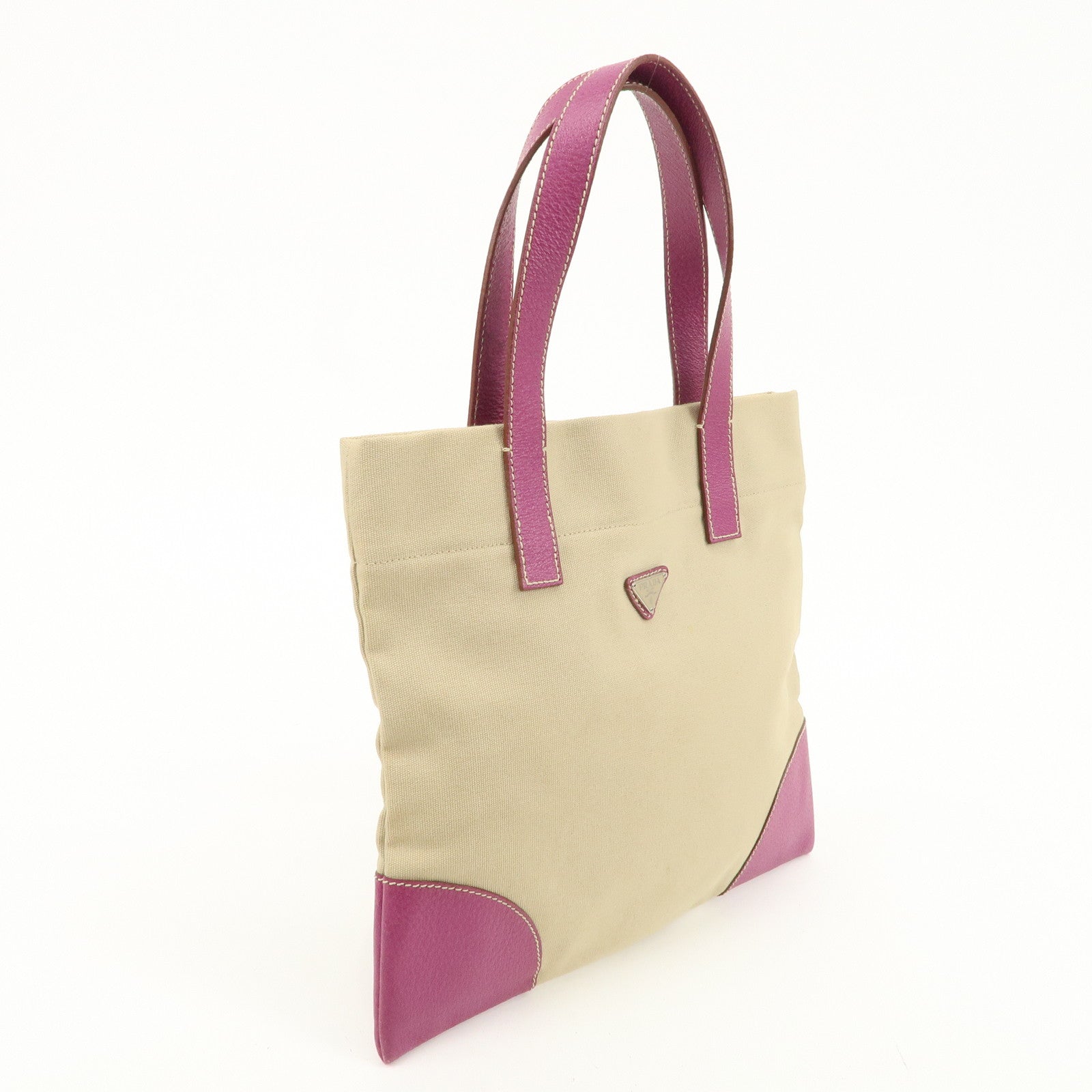 PRADA Logo Canvas Leather Hand Bag Tote Beige Purple BN0686