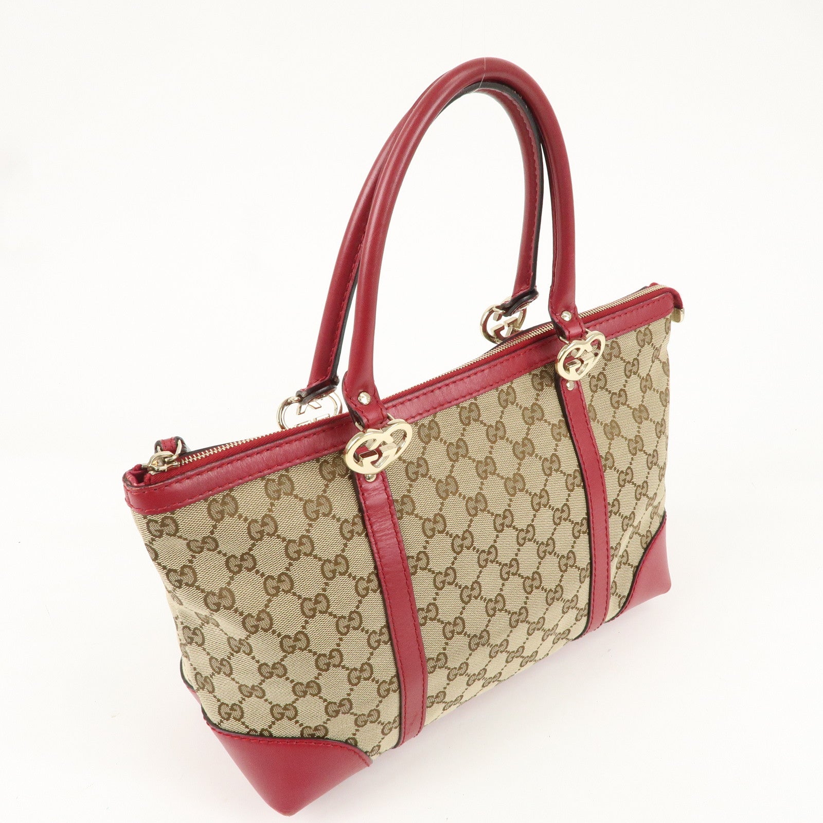 GUCCI Lovely GG Canvas Leather Tote Bag Hand Bag Red 257069