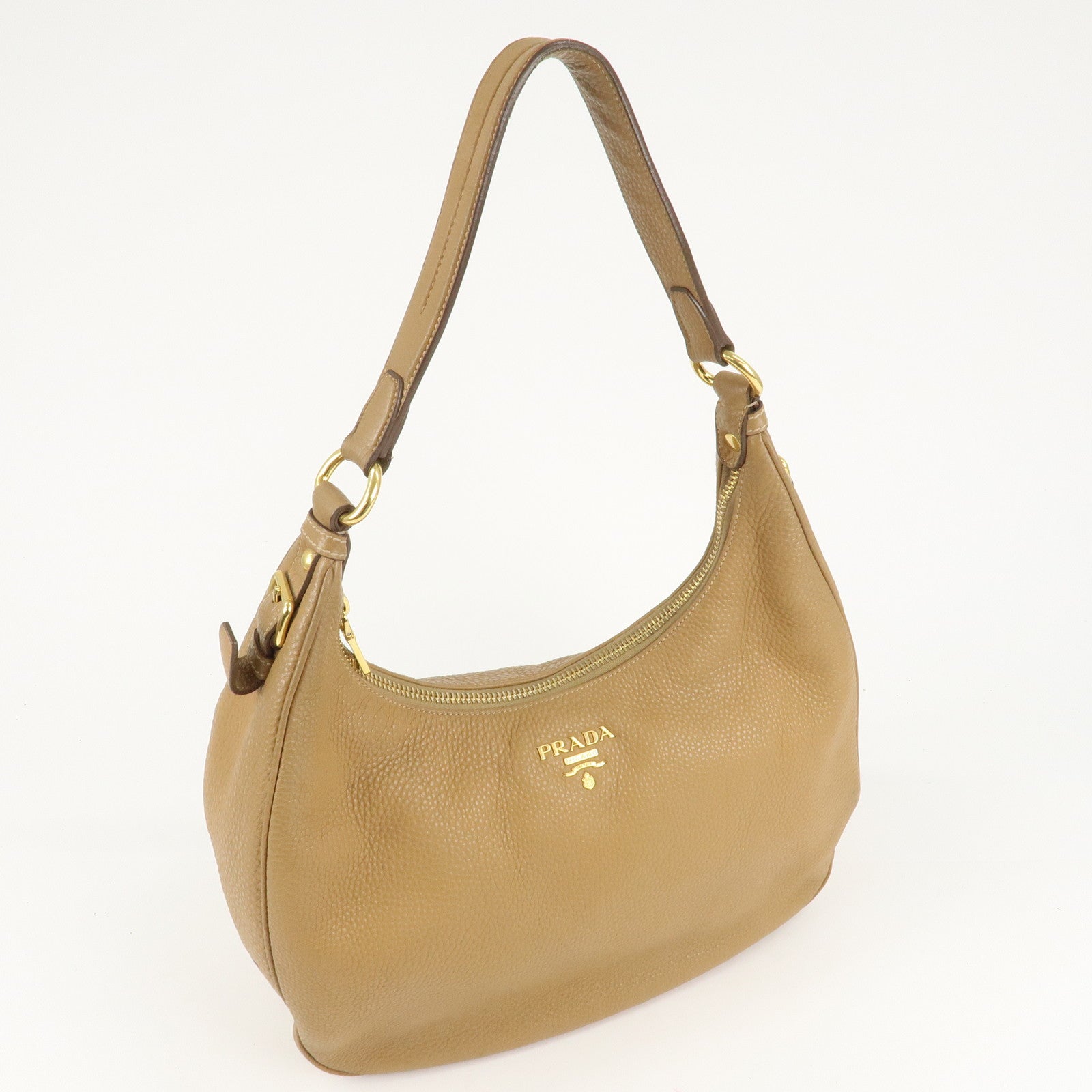 PRADA Leather Shoulder Bag Hand Bag Beige