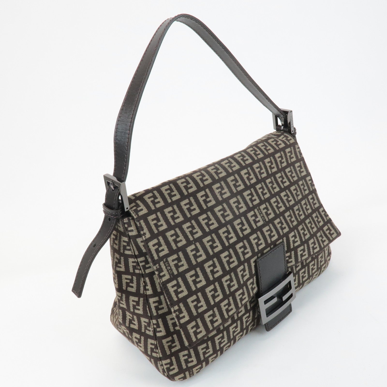 FENDI Mamma Baguette Zucchino Canvas Leather Shoulder Bag 8BR001 Used