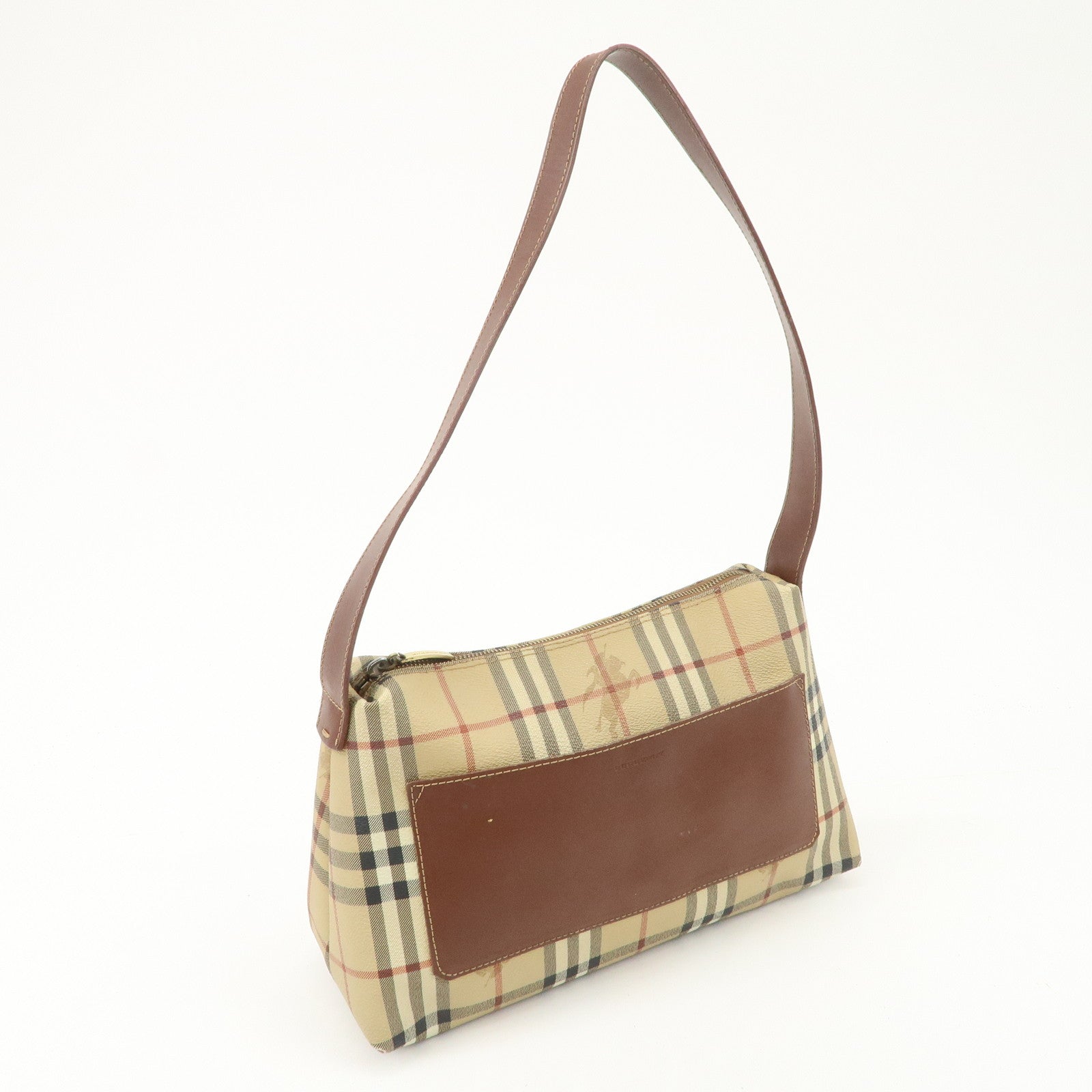 BURBERRY PVC Leather Shoulder Bag Nova Plaid Brown Pocket Used