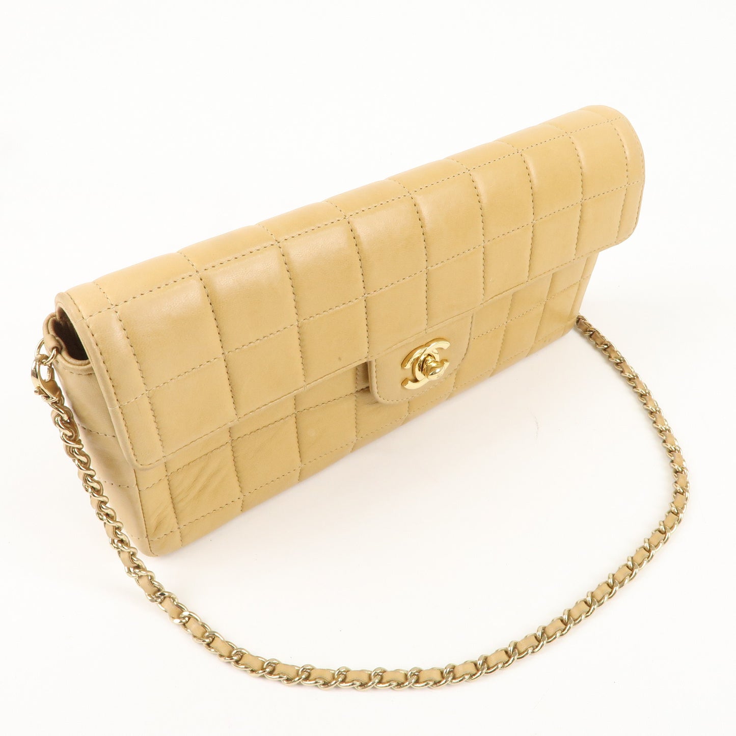 CHANEL Chocolate Bar Lamb Skin Chain Shoulder Bag Beige Gold