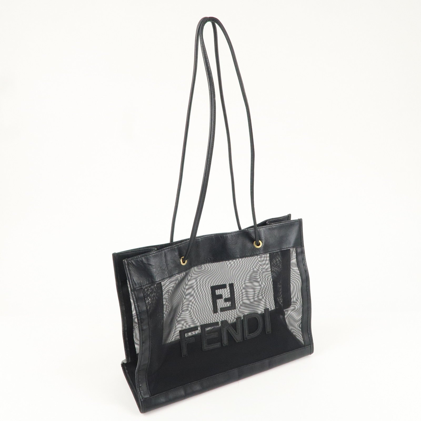 FENDI Mesh Leather Tote Bag Hand Bag Black 259646