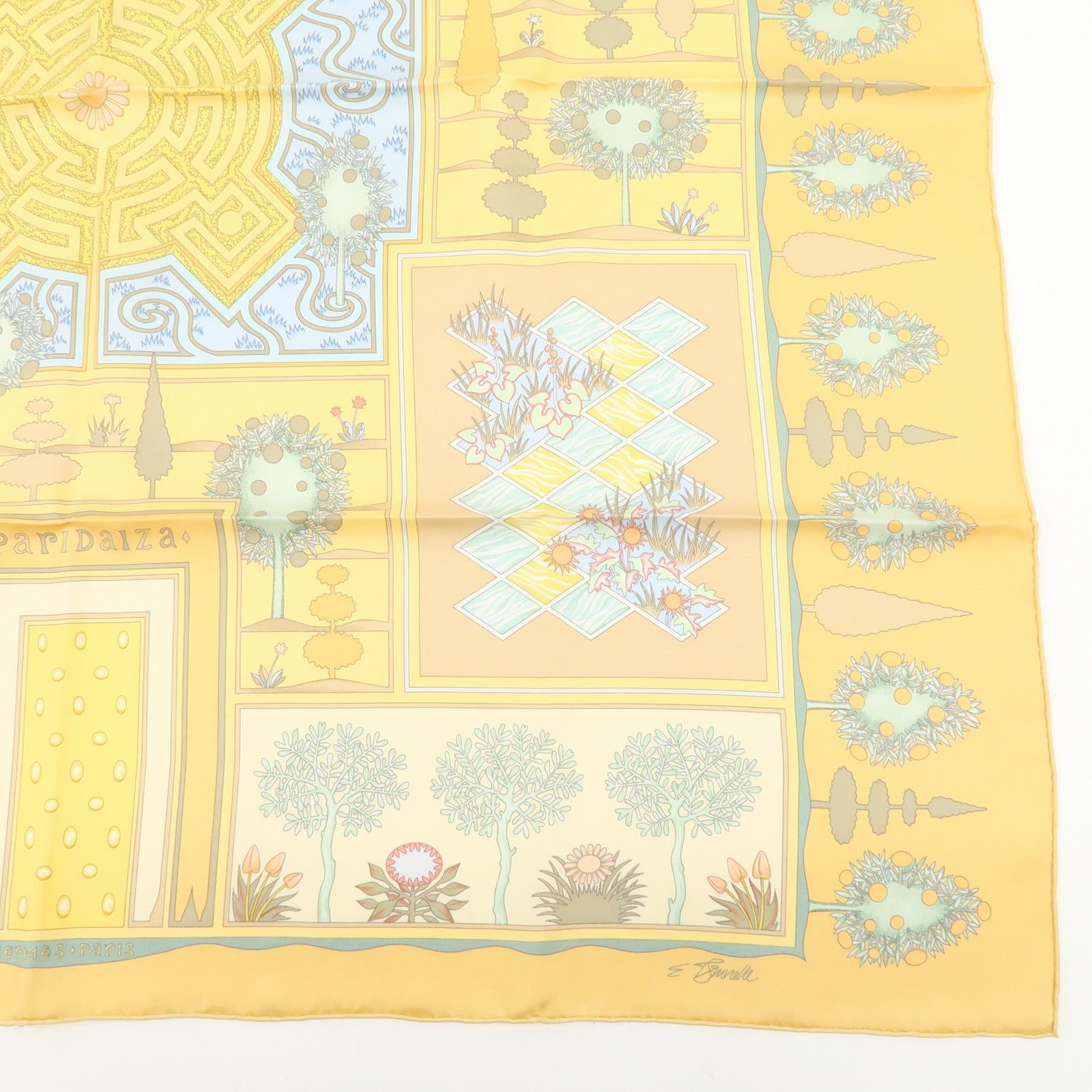 HERMES Carre 90 Silk 100%  Scarf  Paridaiza Yellow Blue Used