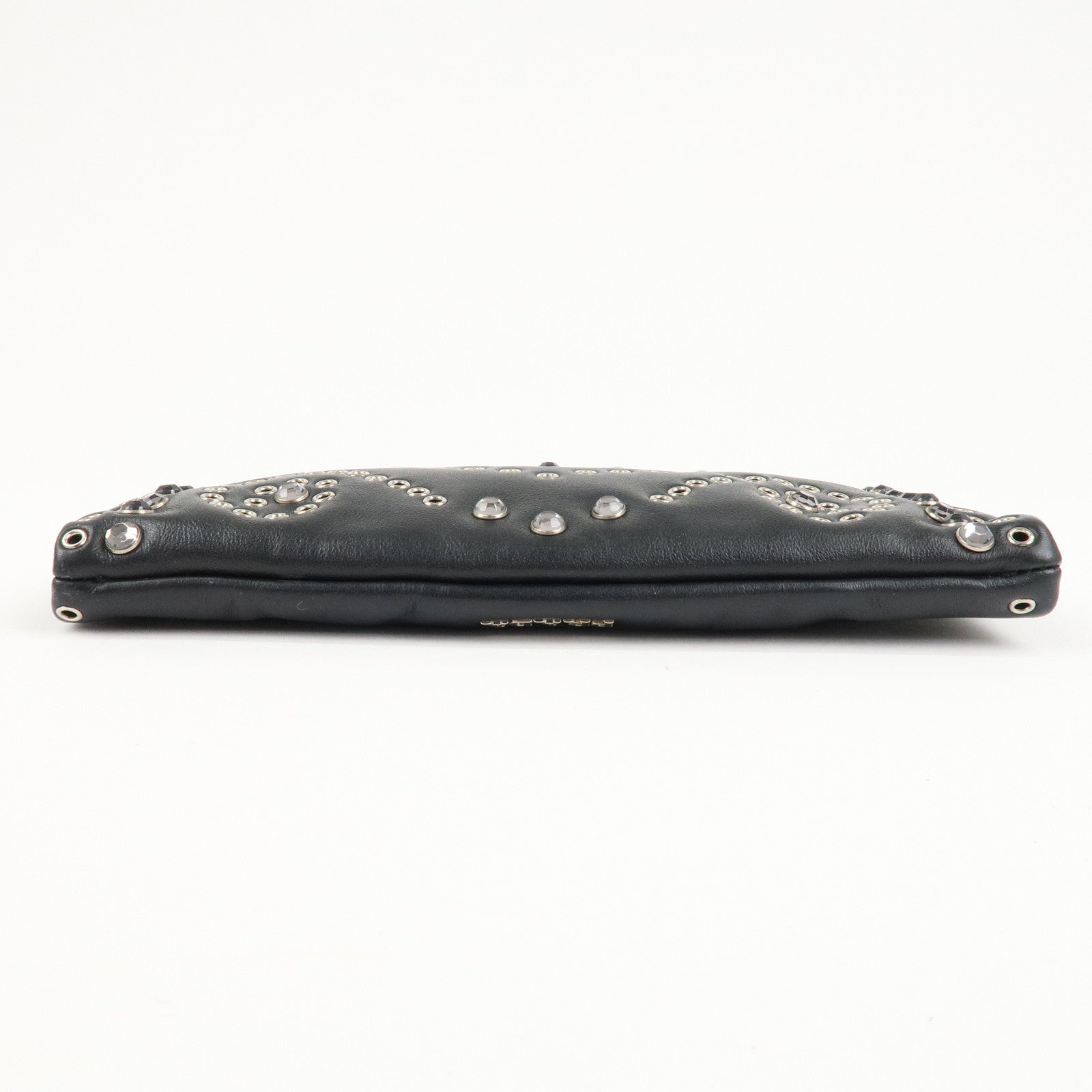 PRADA Logo Leather Line Stone Pouch Black Silver