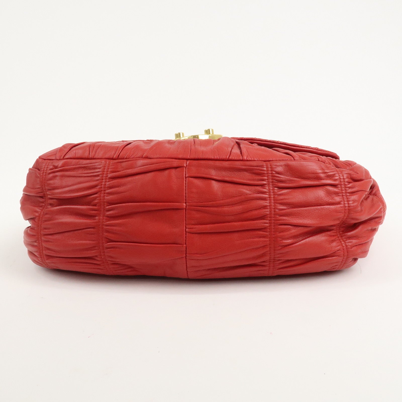 PRADA Logo Gathered Leather Shoulder Bag Hand Bag Red