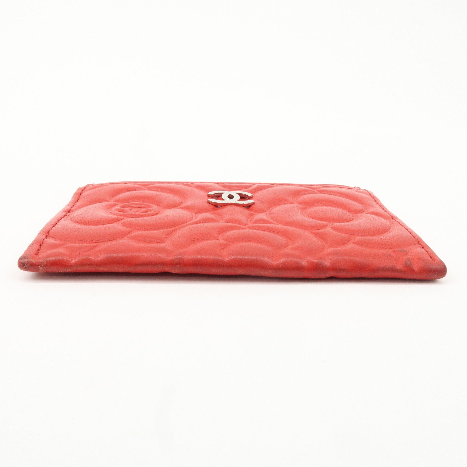 CHANEL Camellia Lambskin Embossed Card Case Red A3173855