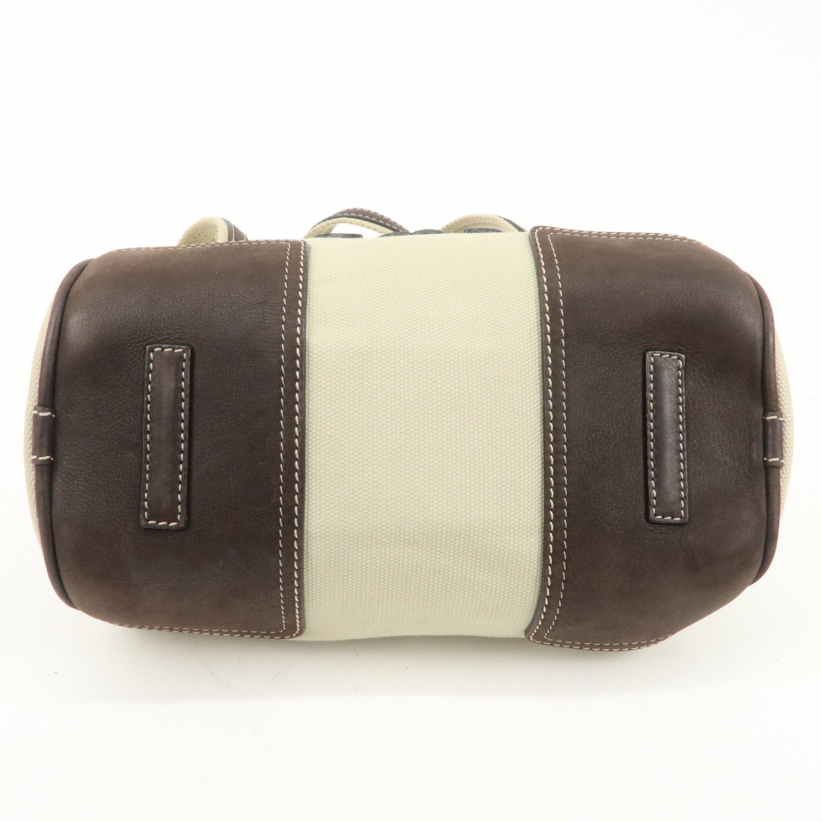 LOEWE Anagram Canvas Leather Mini Boston Bag Ivory Dark Brown Used