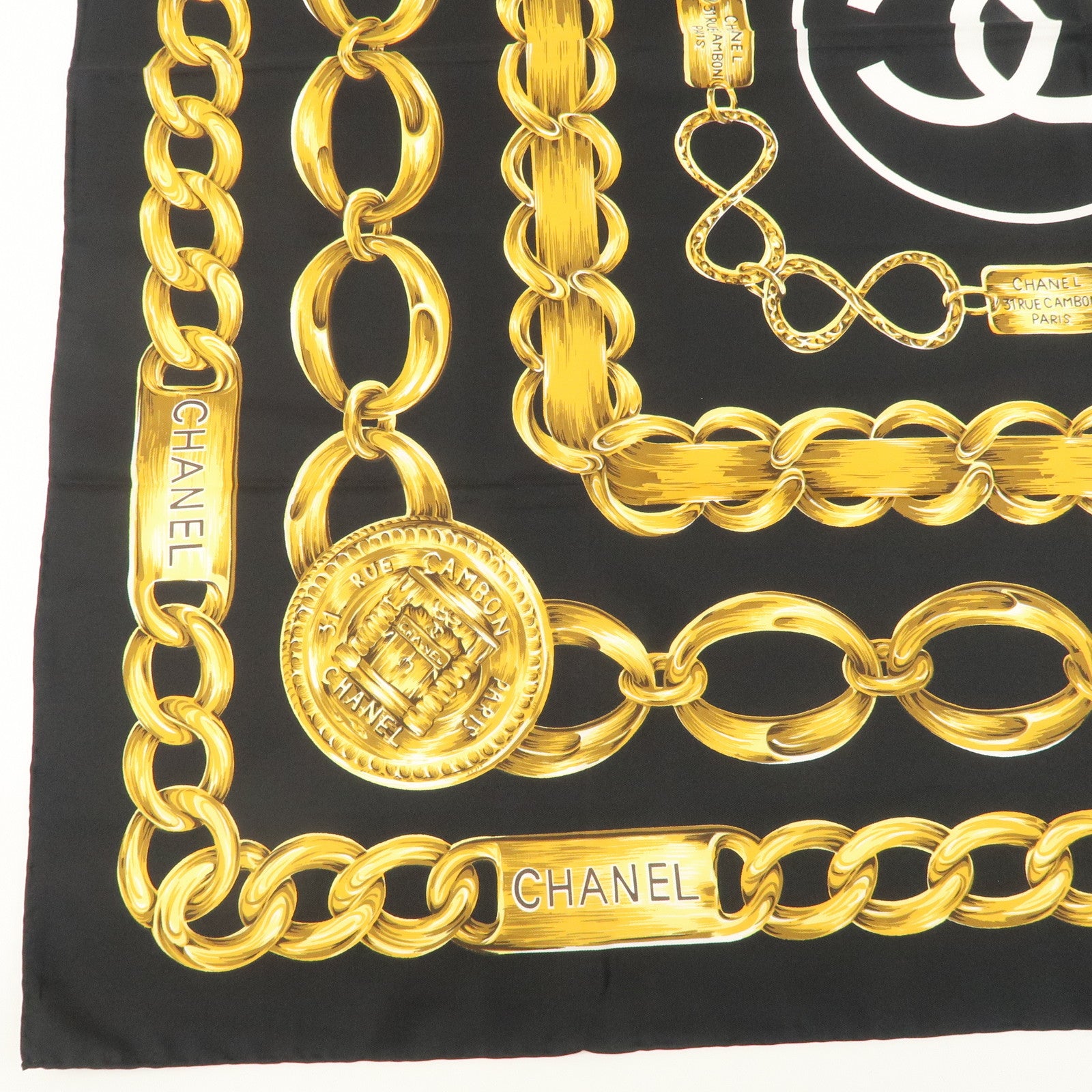 CHANEL Silk 100 % Scarf Coco Mark Chain Black Gold Used