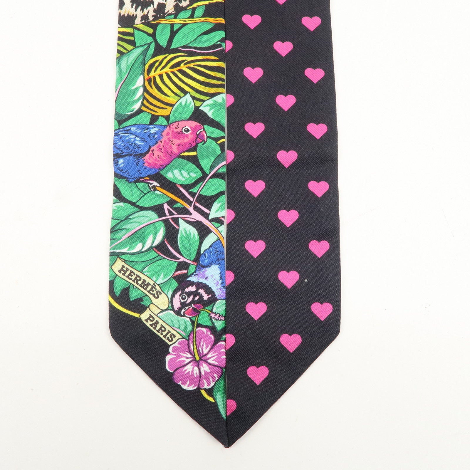 HERMES 100% Silk Twilly Scarf JUNGLE LOVE LOVE Black Yellow Pink Used