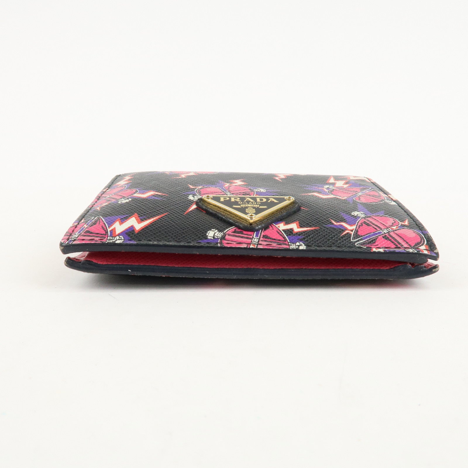 PRADA Logo Saffiano Leather Heart Print Bi-fold Wallet 1MV204 Used