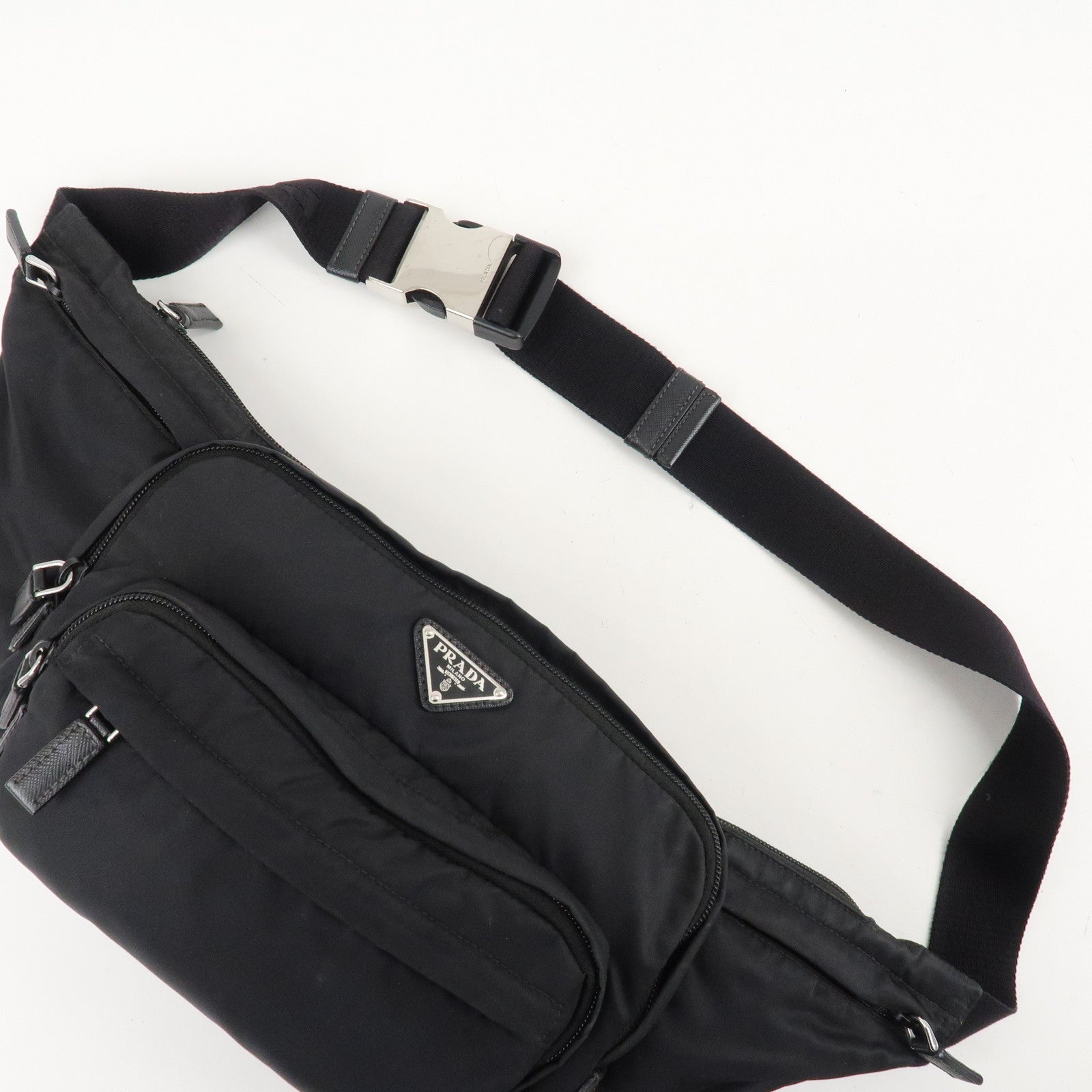 PRADA Logo Nylon Leather Waist Bag Crossbody Bag Black