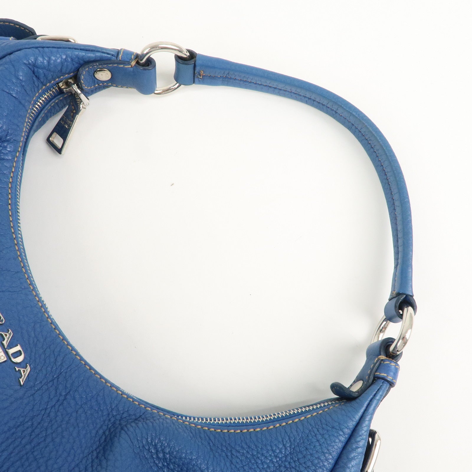 PRADA Logo Leather Shoulder Bag Blue Silver HDW