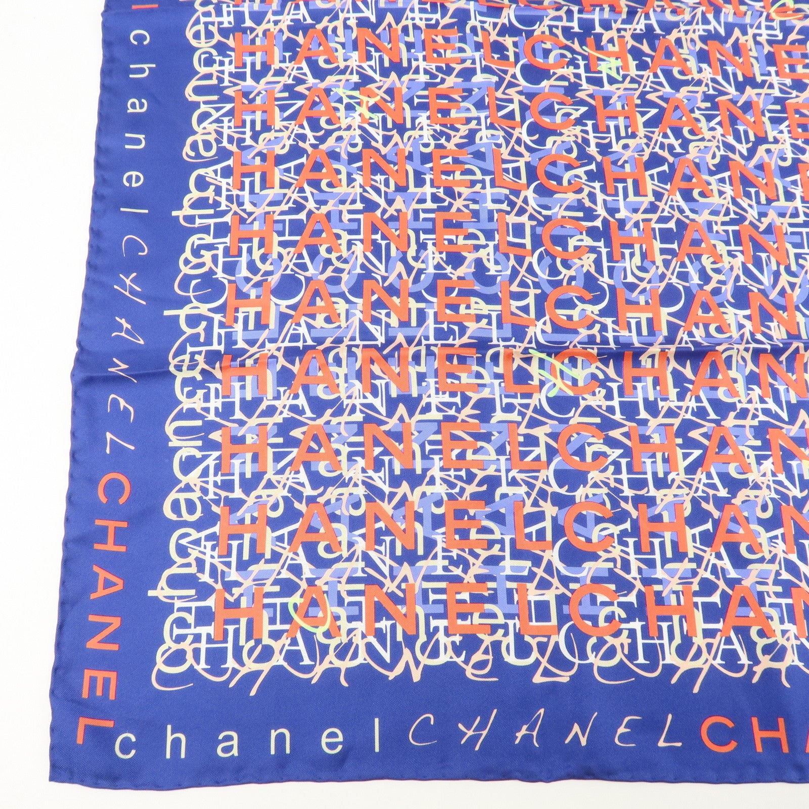 CHANEL Silk 100% Scarf CHANLE Logo Print Blue Used