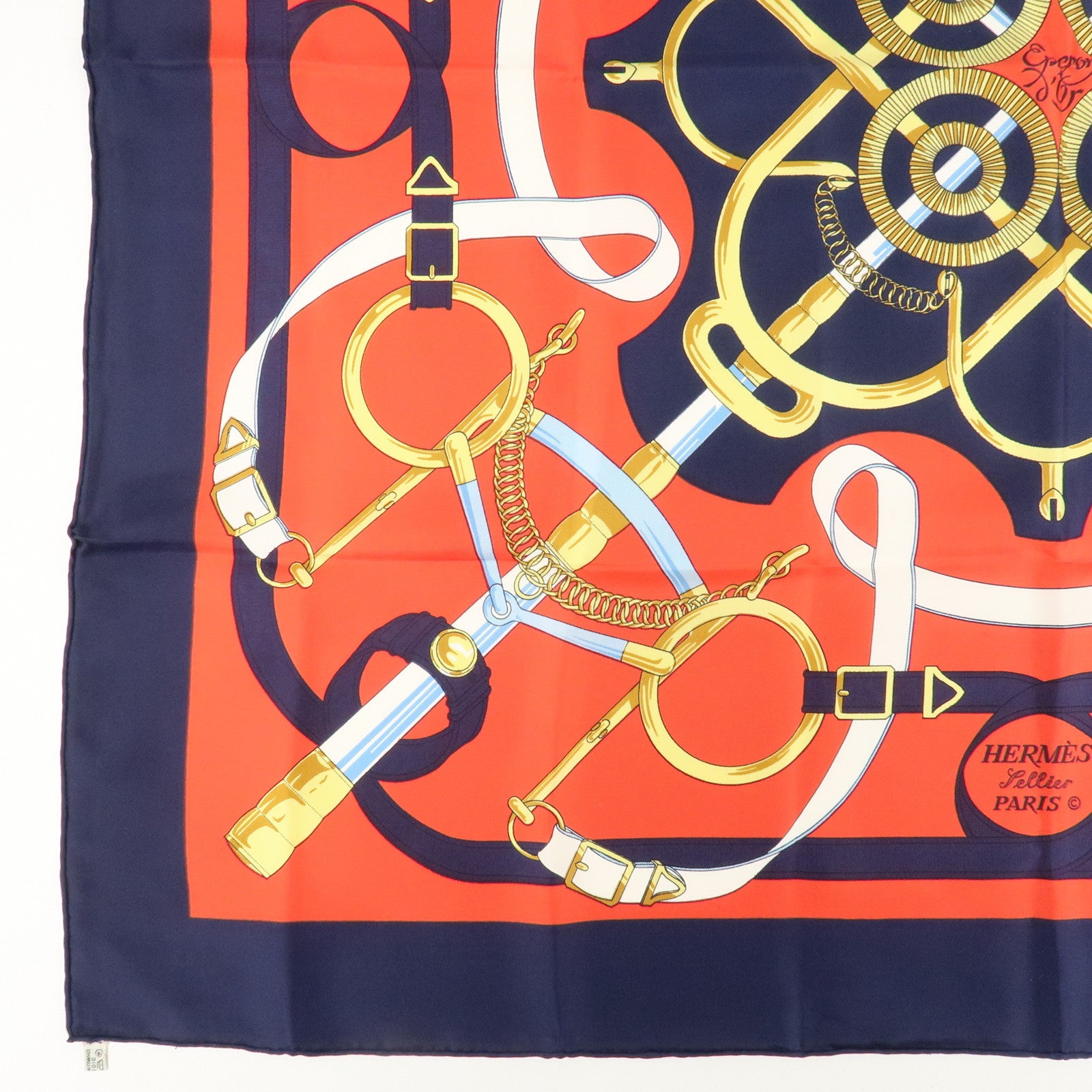HERMES Carre 90 100% Silk Scarf Eperon d'or Red Navy Gold Used
