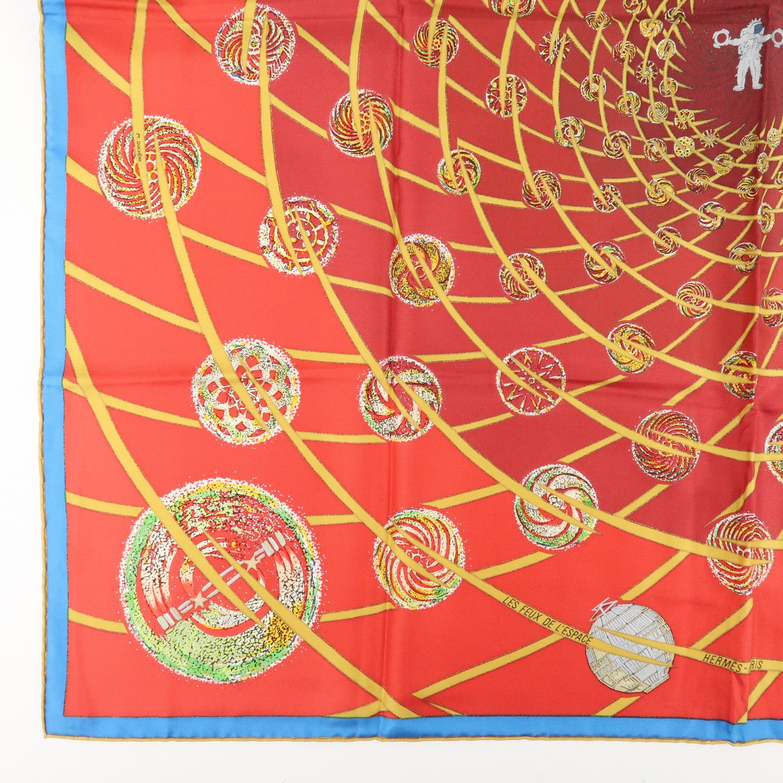 HERMES Carre 90 Silk 100% Scarf LES FEUX DE LESPACE Red Gold Blue