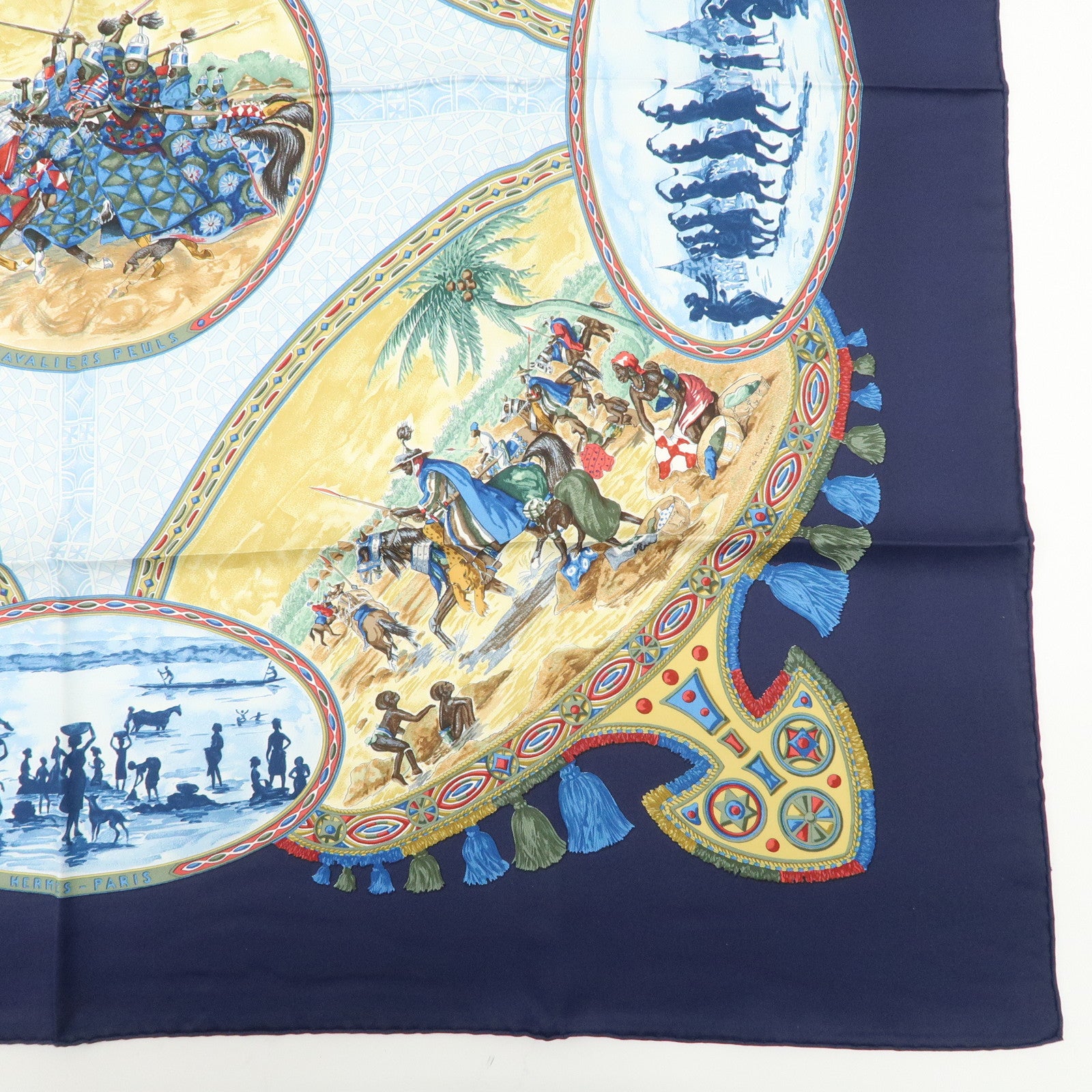 HERMES Carre 90 Silk 100%  Scarf CAVALIERS PEULS Navy Blue Used