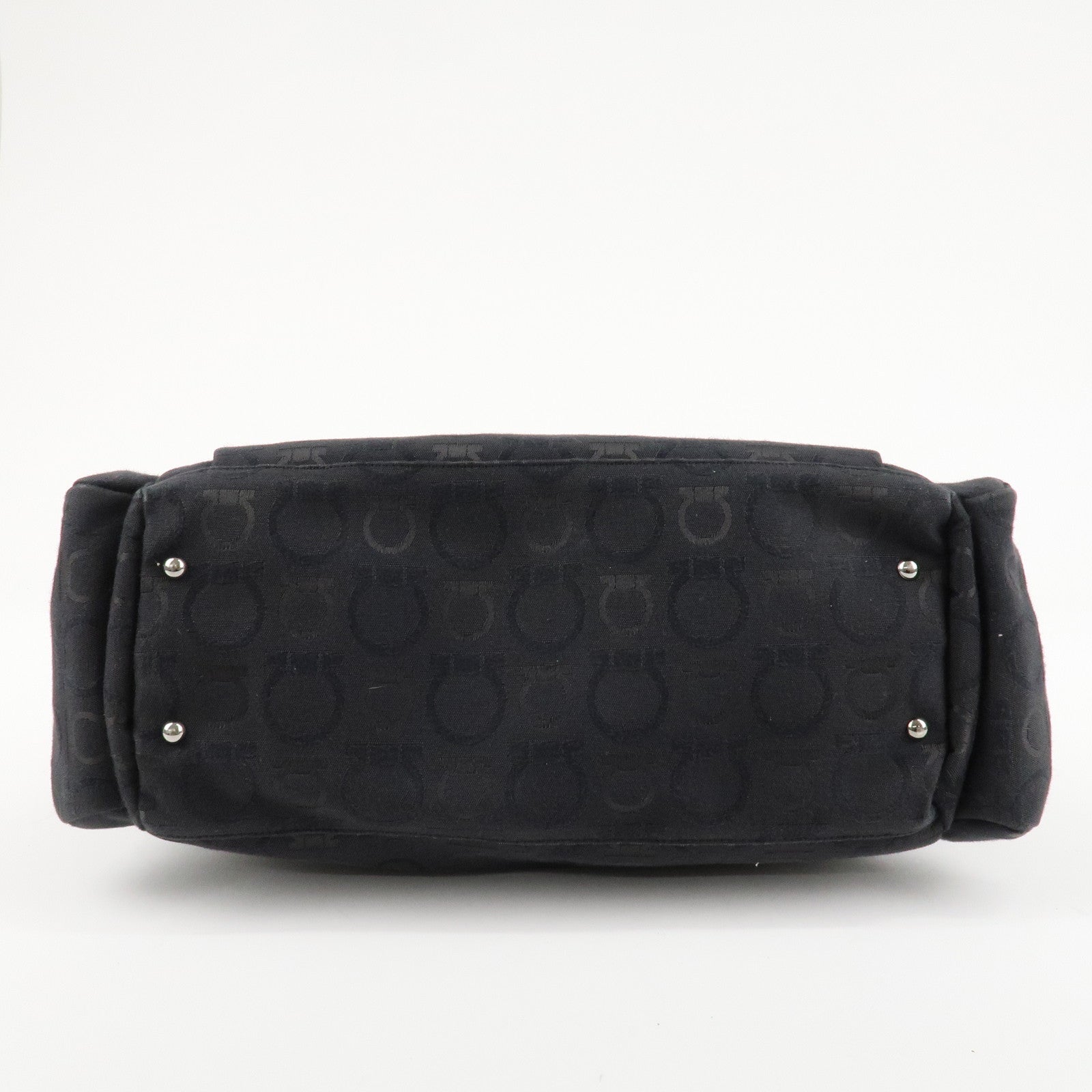 Ferragamo Gancini Pattern Canvas Leather Boston Bag Black Used