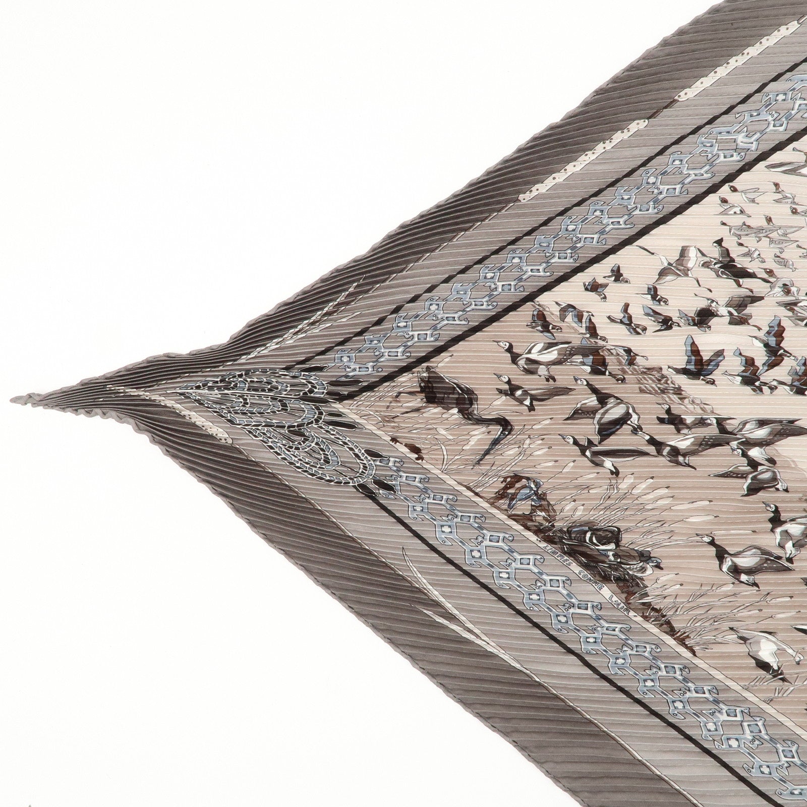 HERMES Silk 100% Pleats Carre Scarf LIBRES COMME L'AIR Gray Used