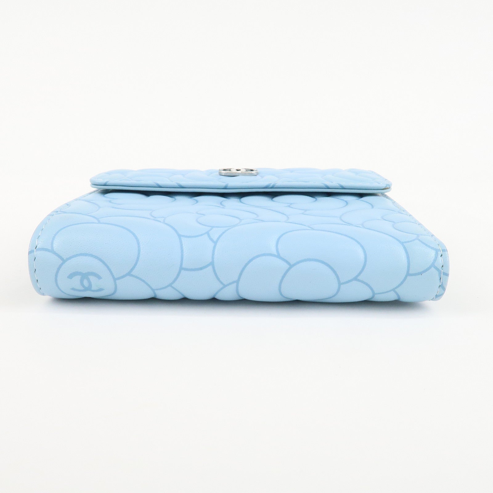 CHANEL Camelia Lamb Skin Bi-fold Wallet Blue