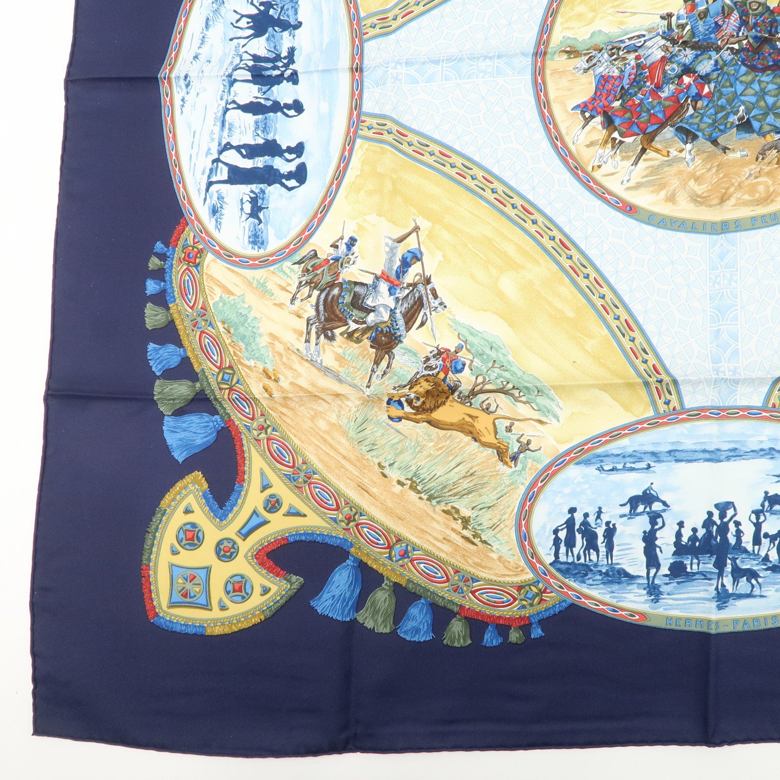HERMES Carre 90 Silk 100%  Scarf CAVALIERS PEULS Navy Blue Used