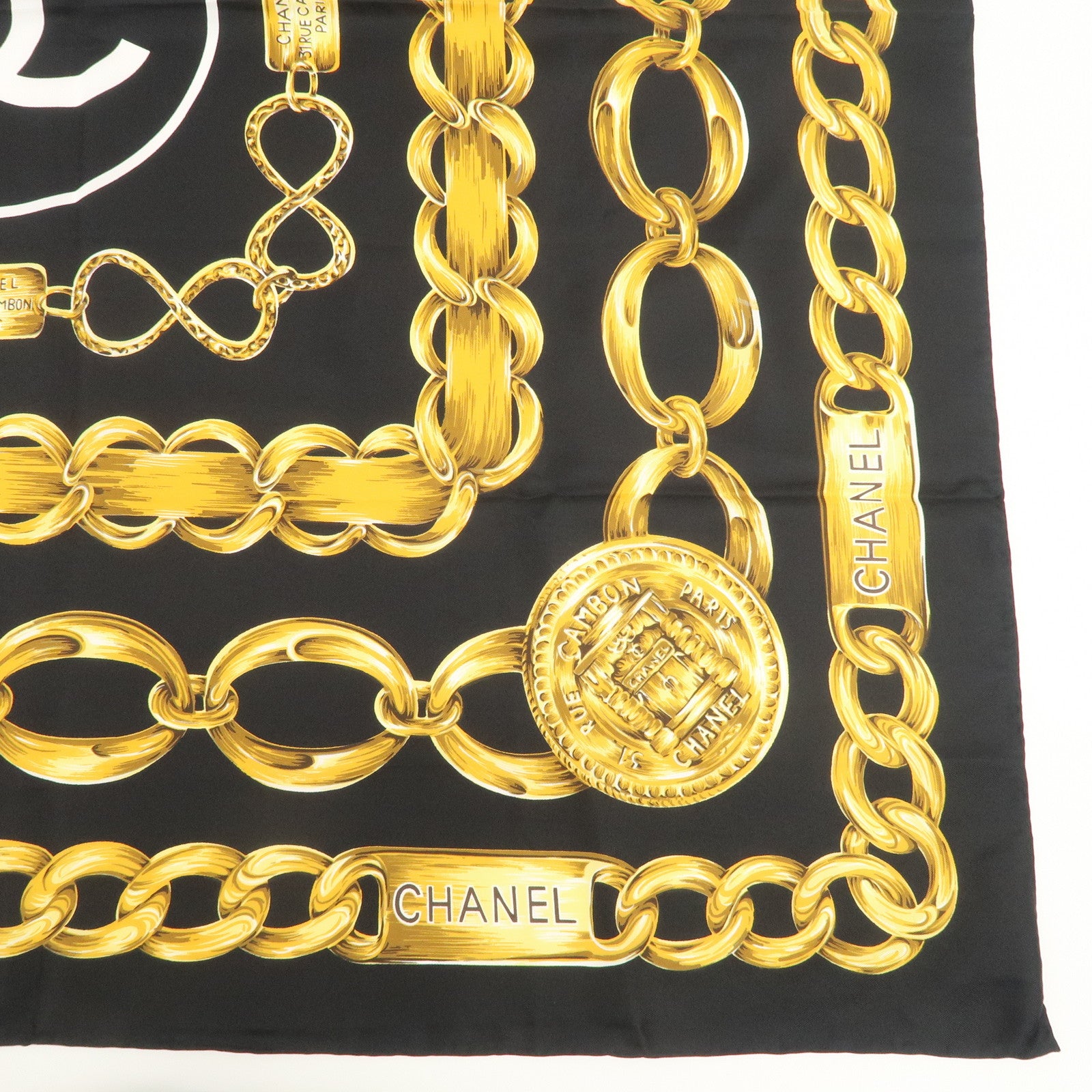 CHANEL Silk 100 % Scarf Coco Mark Chain Black Gold Used