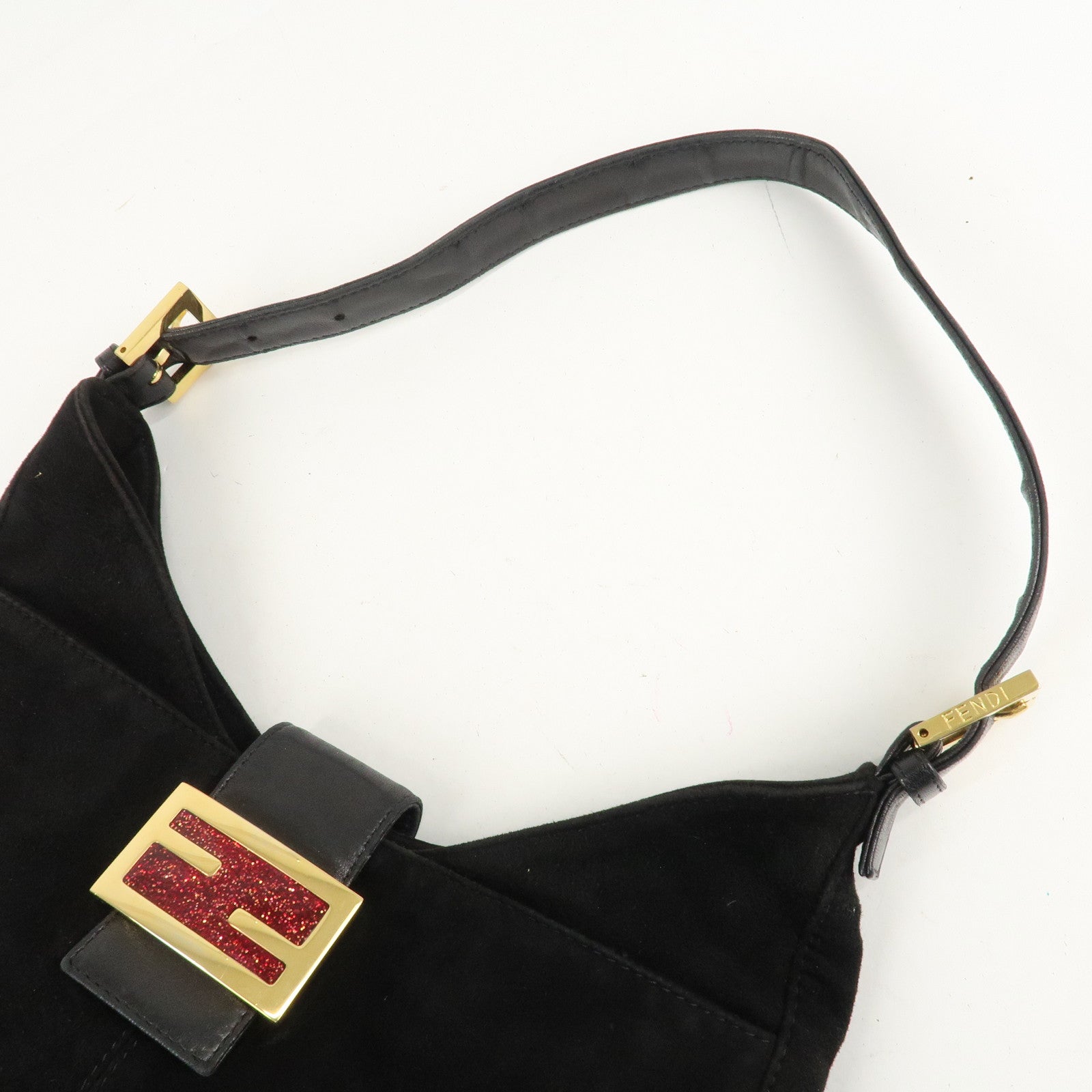 FENDI Suede Leather Shoulder Bag Black 26569