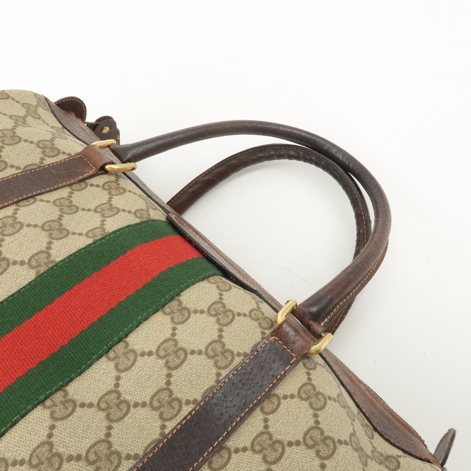 GUCCI Old Gucci Sherry GG Plus Leather Boston Bag Beige Brown