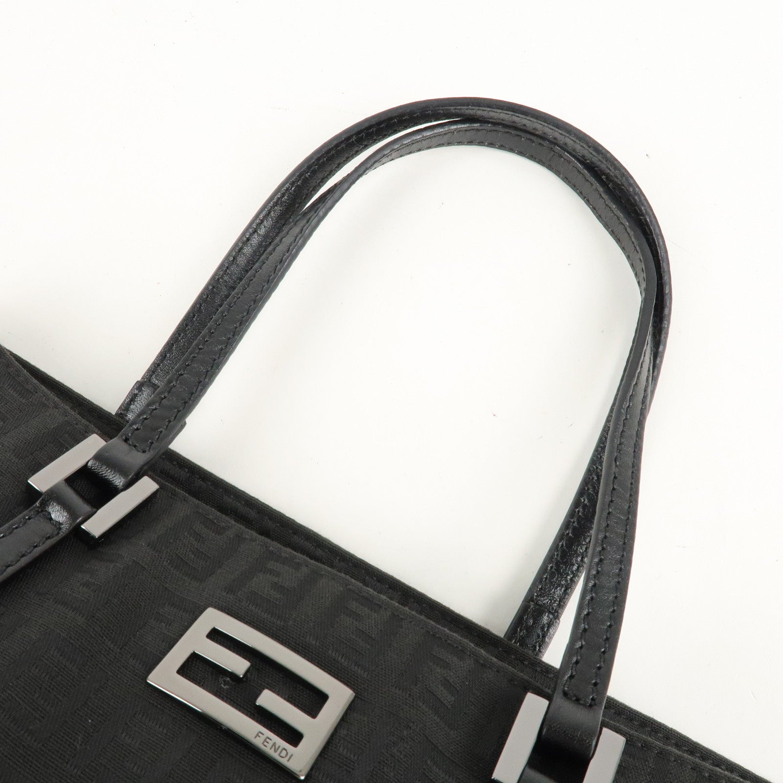 FENDI Zucchino Canvas Leather Tote Bag Hand Bag Black 8BH132