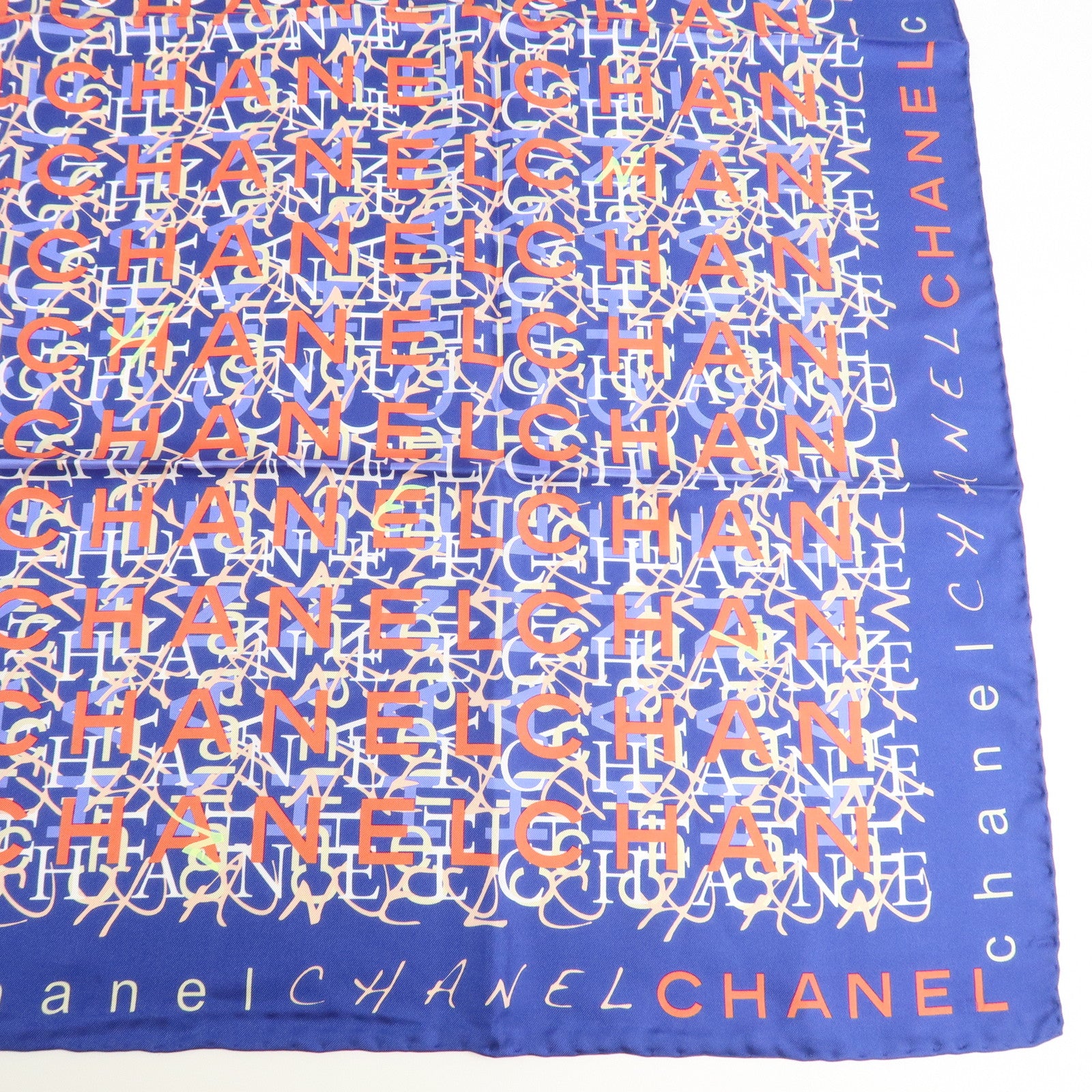 CHANEL Silk 100% Scarf CHANLE Logo Print Blue Used