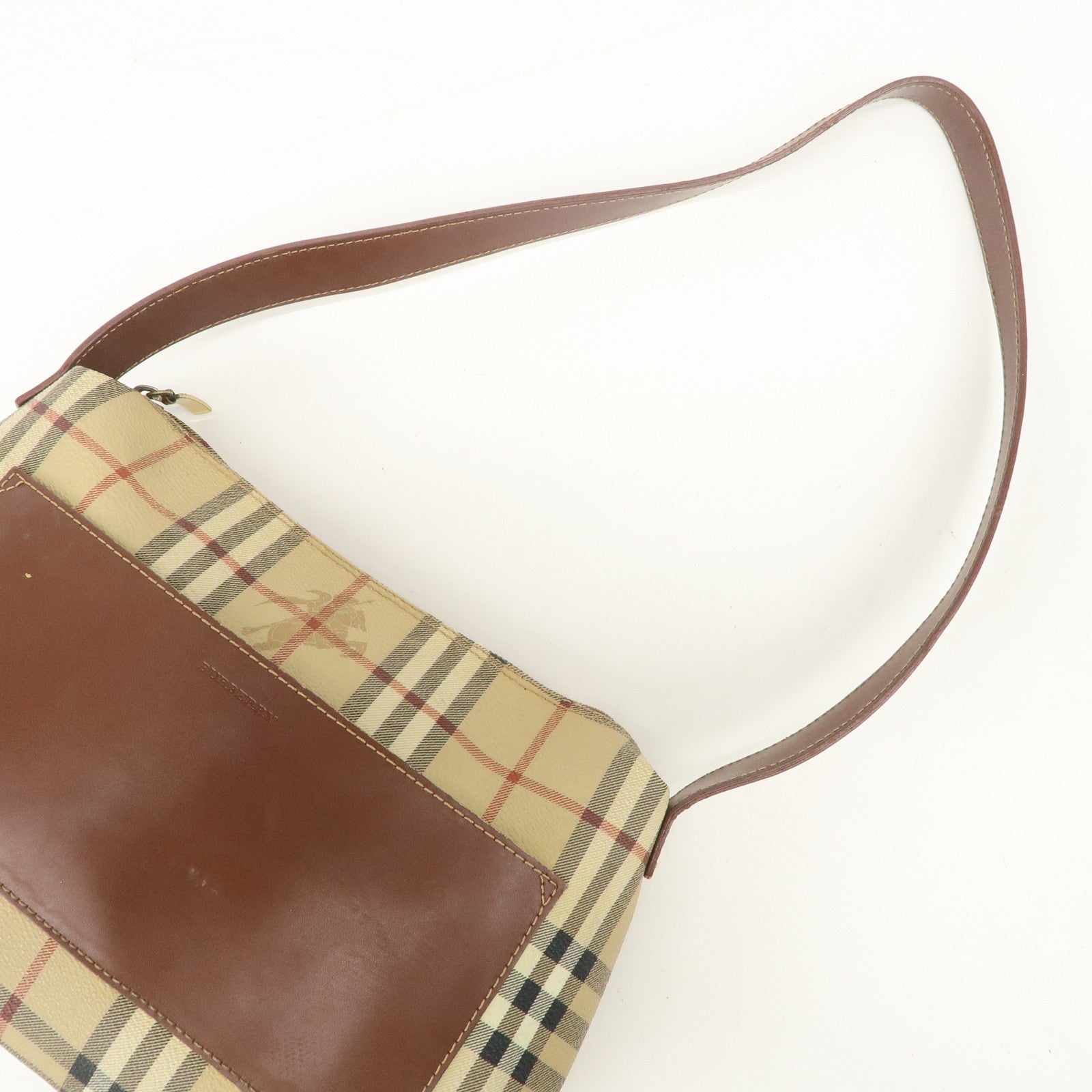 BURBERRY PVC Leather Shoulder Bag Nova Plaid Brown Pocket Used