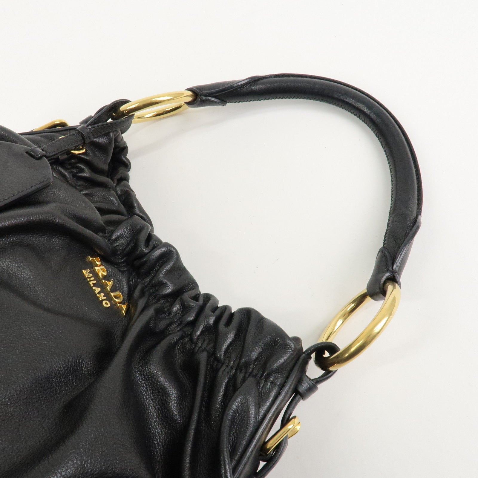 PRADA Nylon Leather Gathered One Shoulder Bag Black Gold HDW