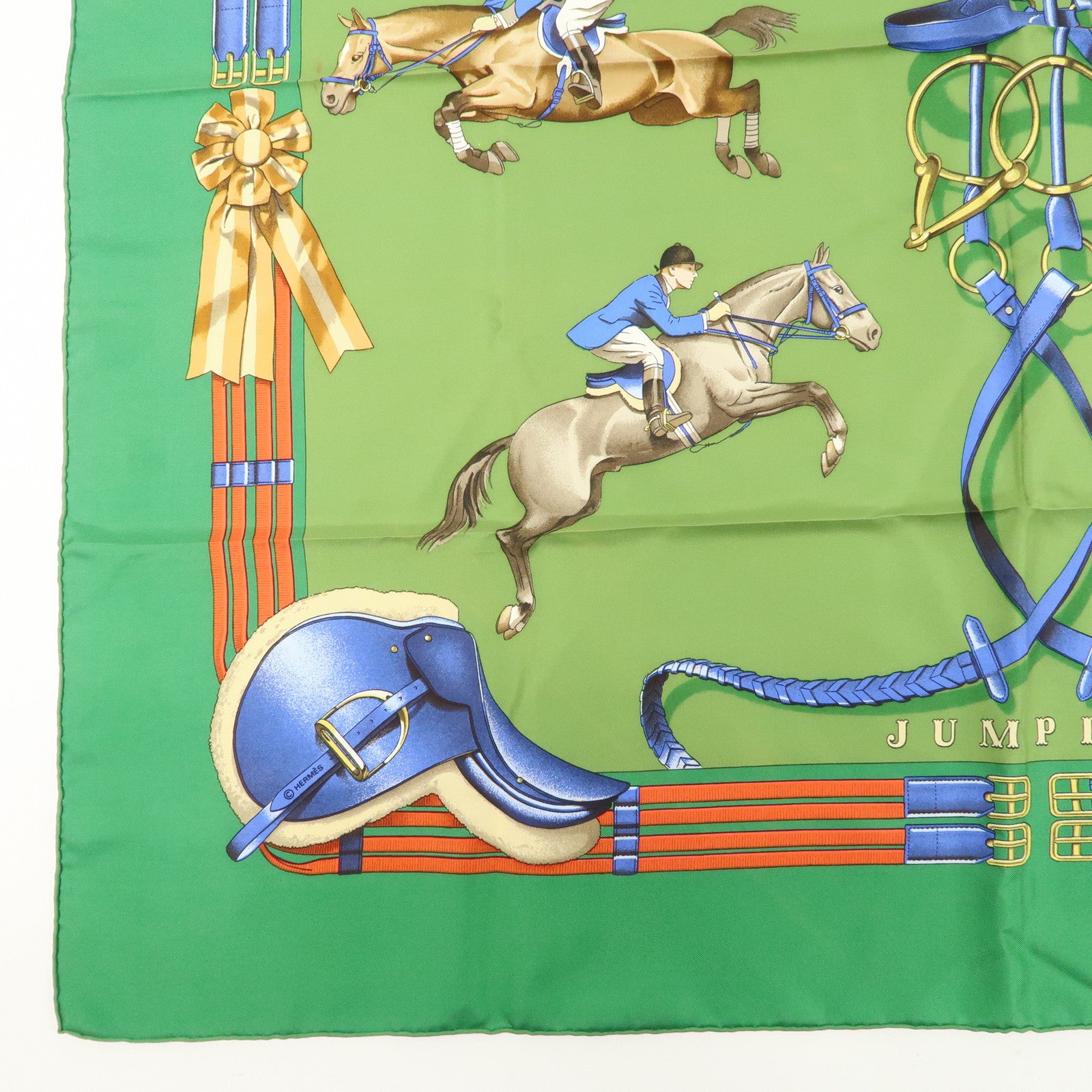 HERMES Carre 90 100% Silk Scarf JUMPING Riding Horse Green Used