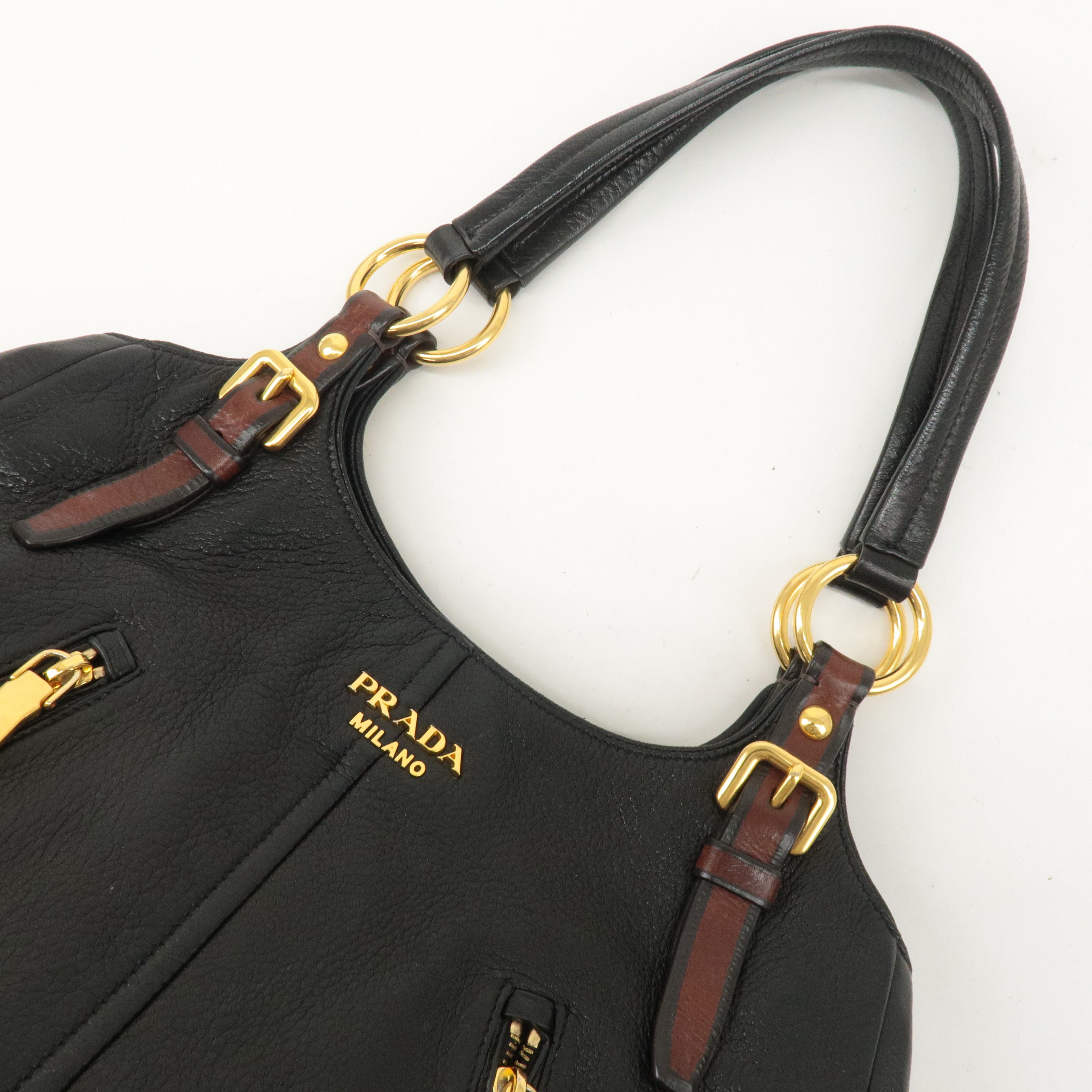 PRADA Leather Tote Bag Shoulder Bag Black Brown