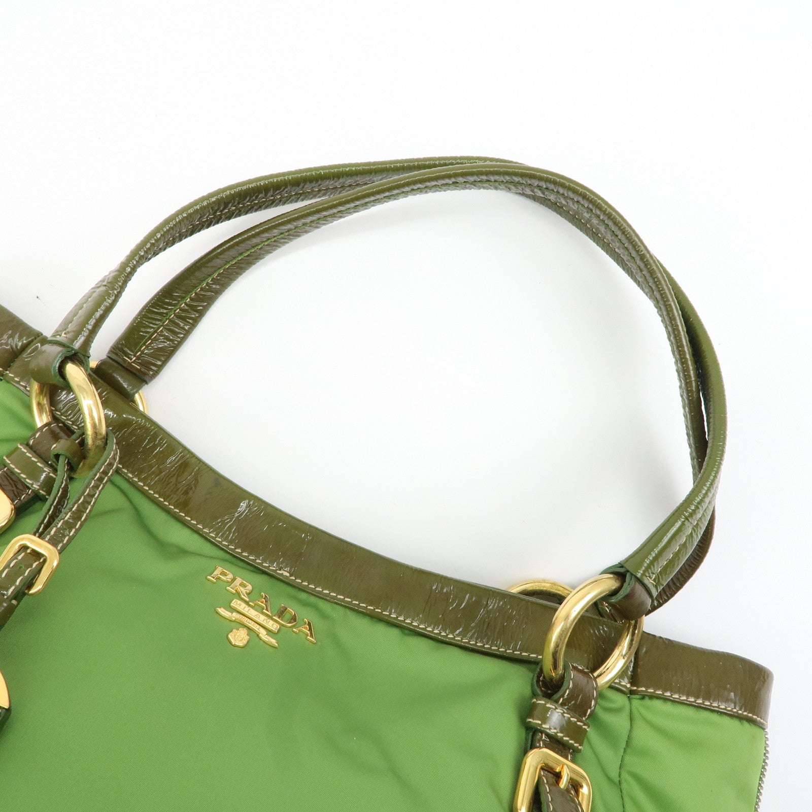 PRADA Nylon Patent Leather Tote Bag Shoulder Bag Green Khaki