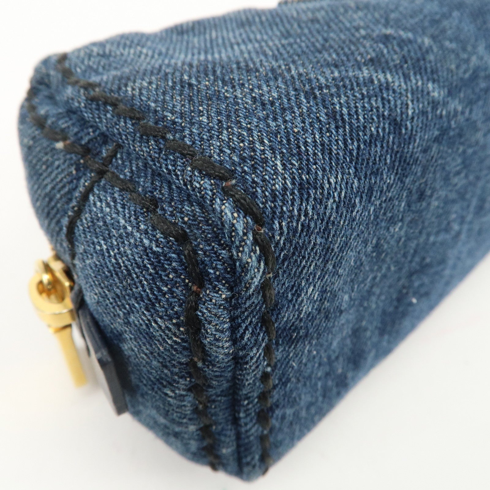 PRADA Triangle Logo Denim Pouch Cosmetic Pouch Blue Gold HDW