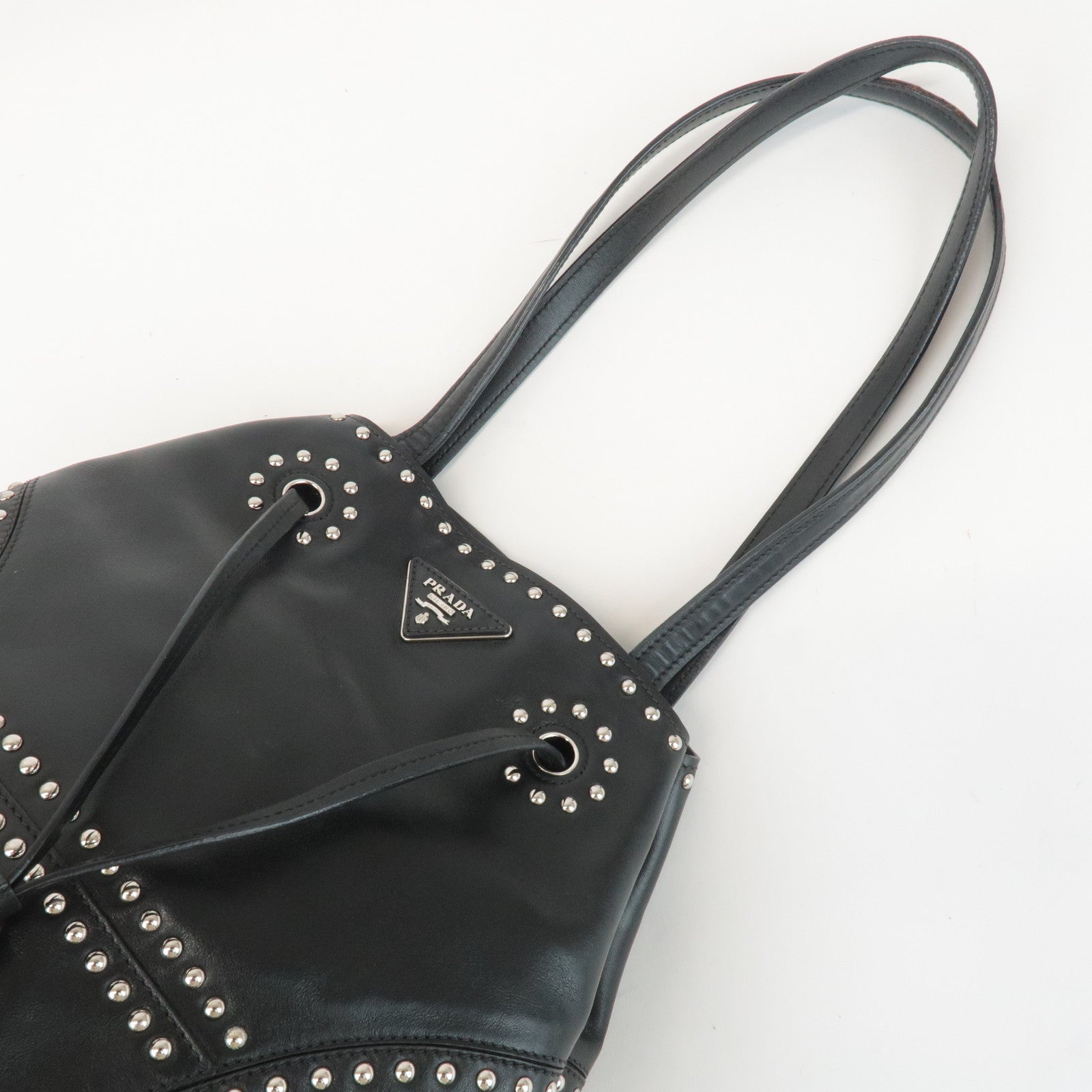 PRADA Calf Leather Drawstring Shoulder Bag Studs Tassel B5061M