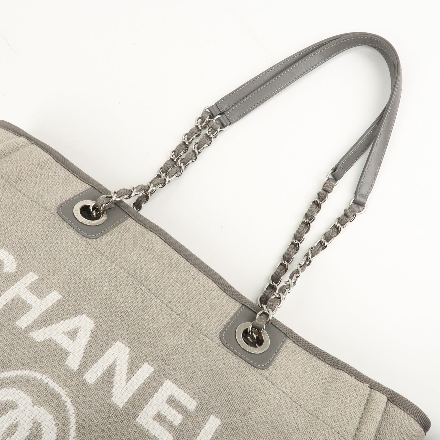 CHANEL Deauville Canvas Leather Chain Tote Bag Gray A67001