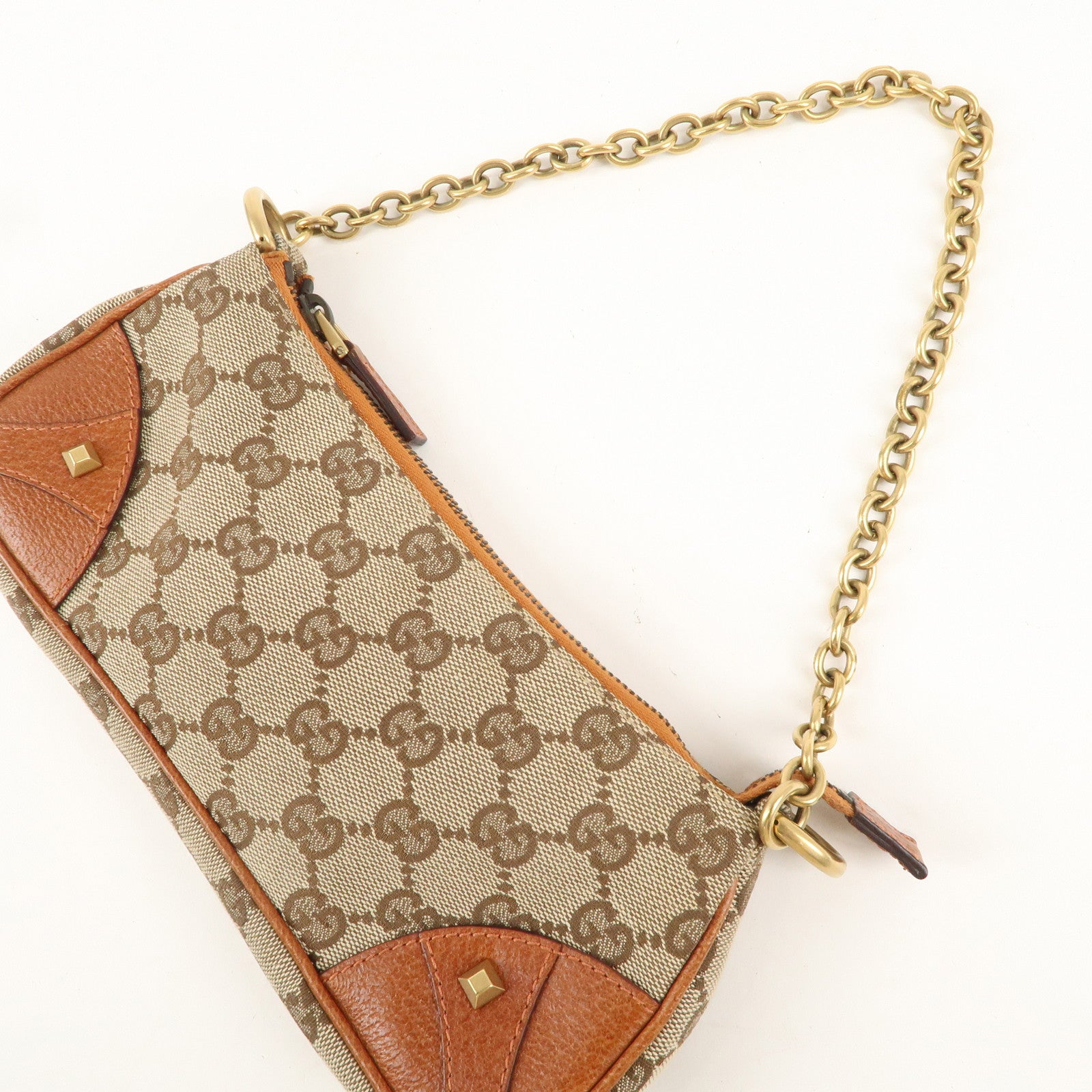 GUCCI GG Canvas Leather Chain Hand Bag Pouch Beige Brown 120940