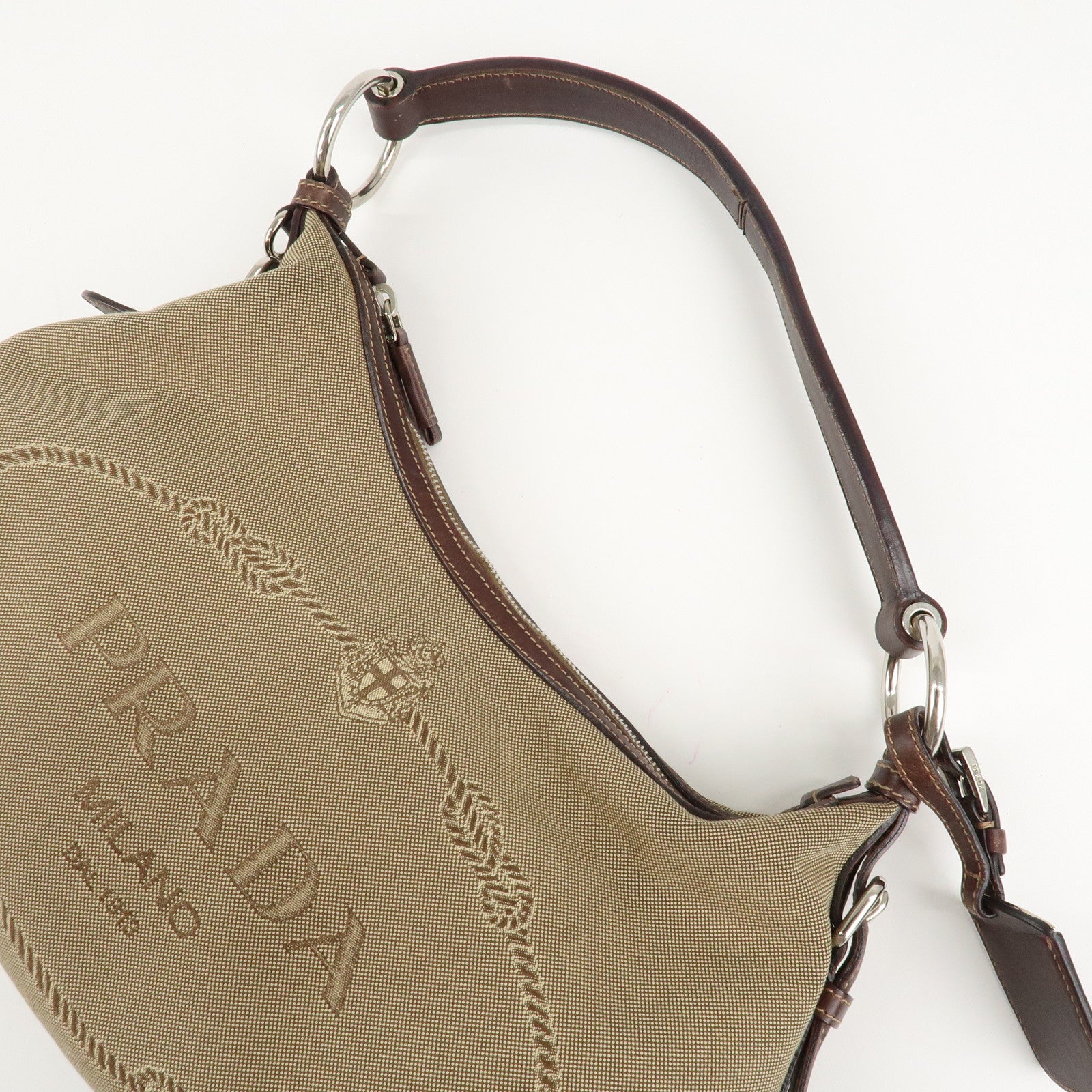 PRADA Logo Jacquard Leather Shoulder Bag Beige Brown