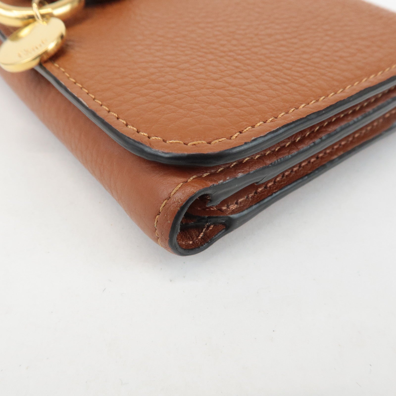 CHLOE Alphabet Leather Small Tri-fold Compact Wallet Brown Used