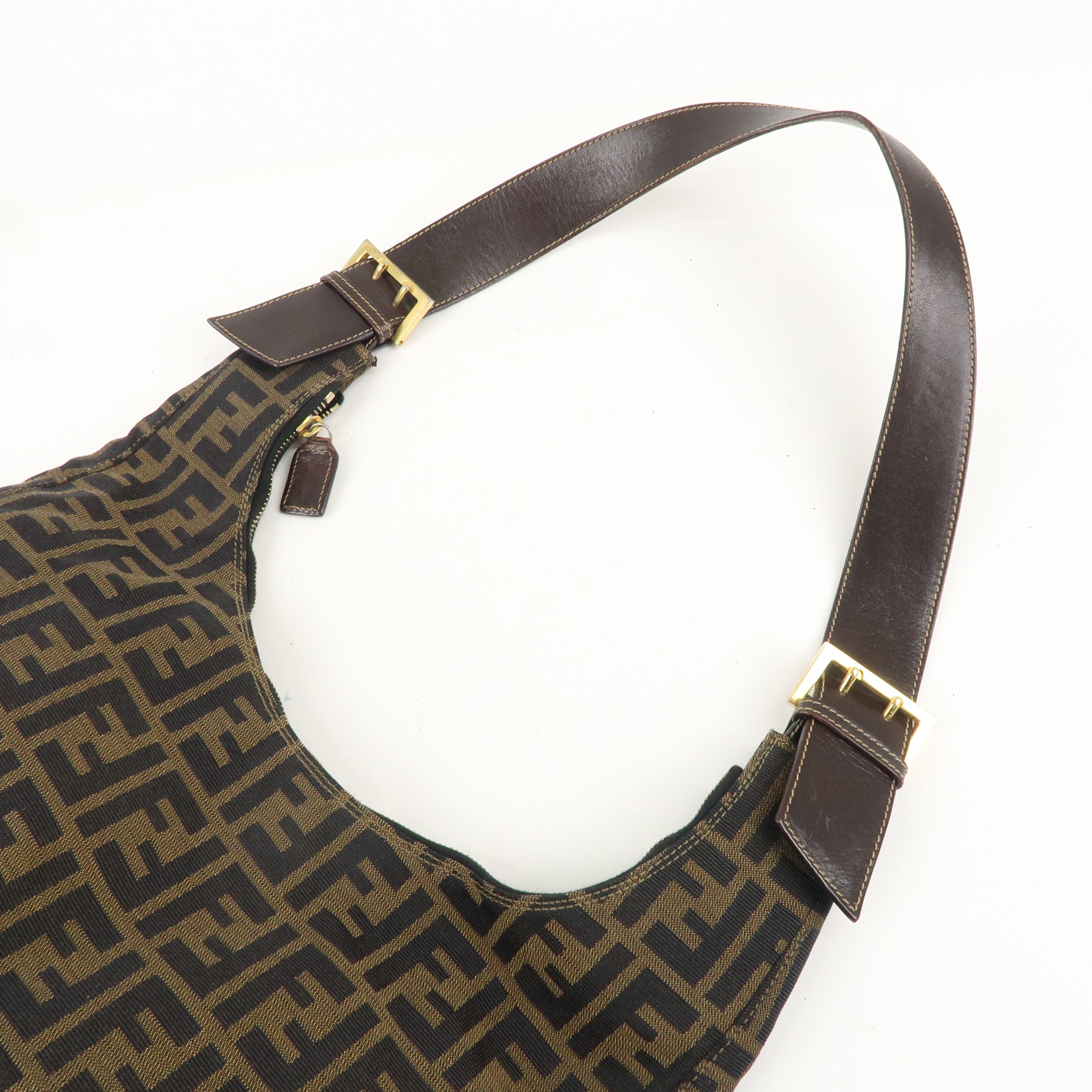 FENDI Zucca Canvas Leather One Shoulder Bag Brown Black