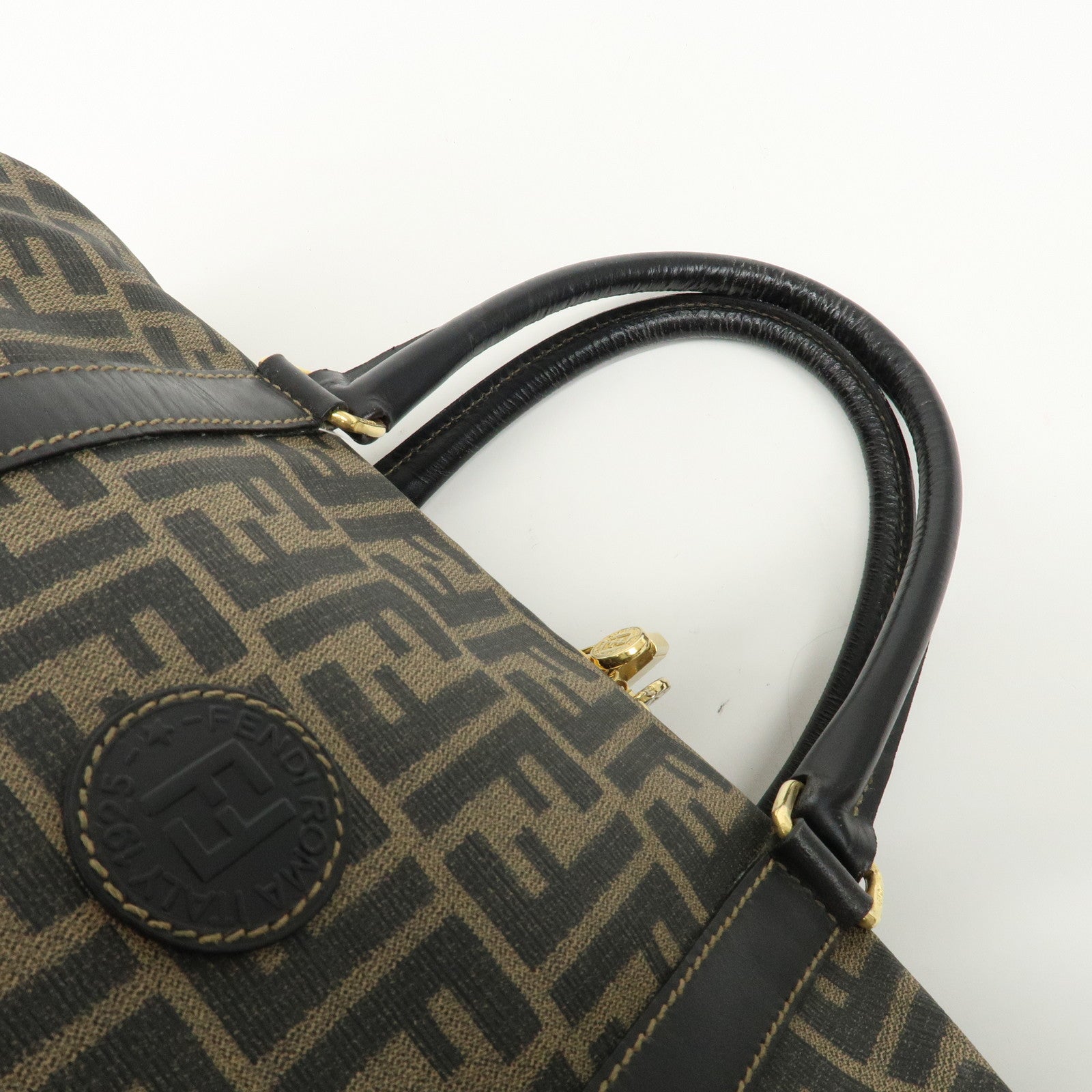 FENDI Zucca Logo Print PVC Leather Boston Bag Brown Black