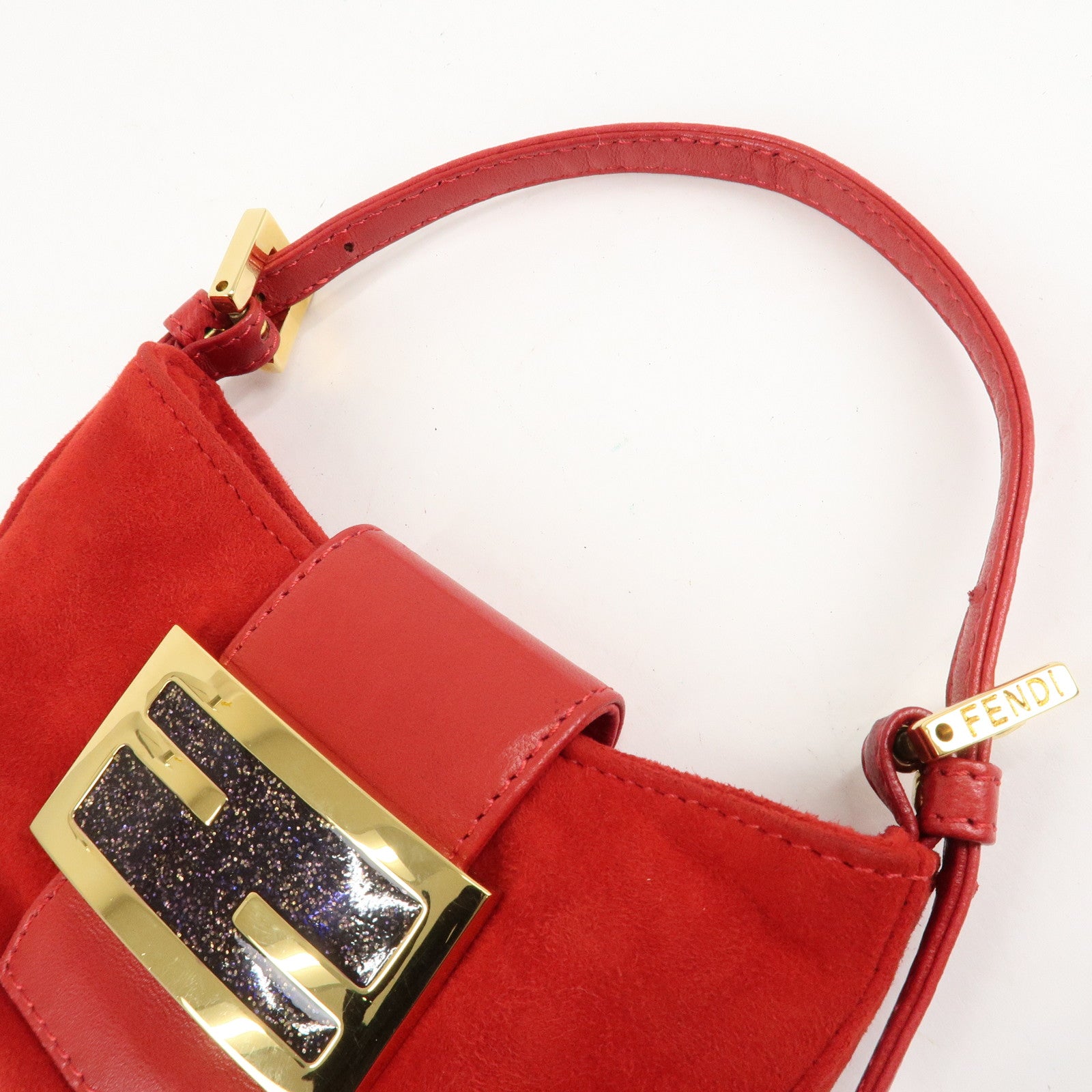 FENDI Suede Leather Mini Croissant Hand Bag Red 26673