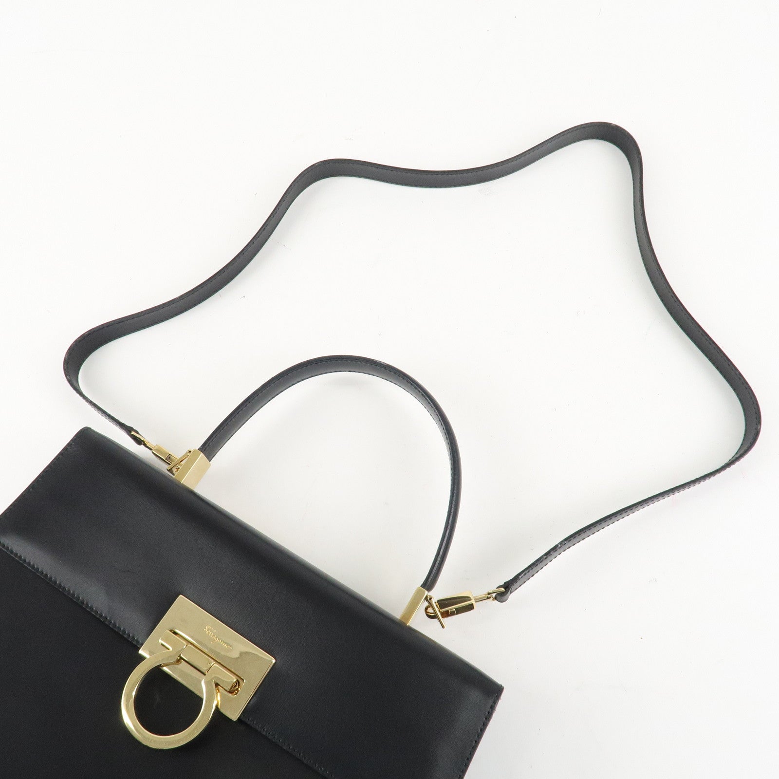 Ferragamo Leather Gancini 2Way Hand Shoulder Bag Black AT210536 Used