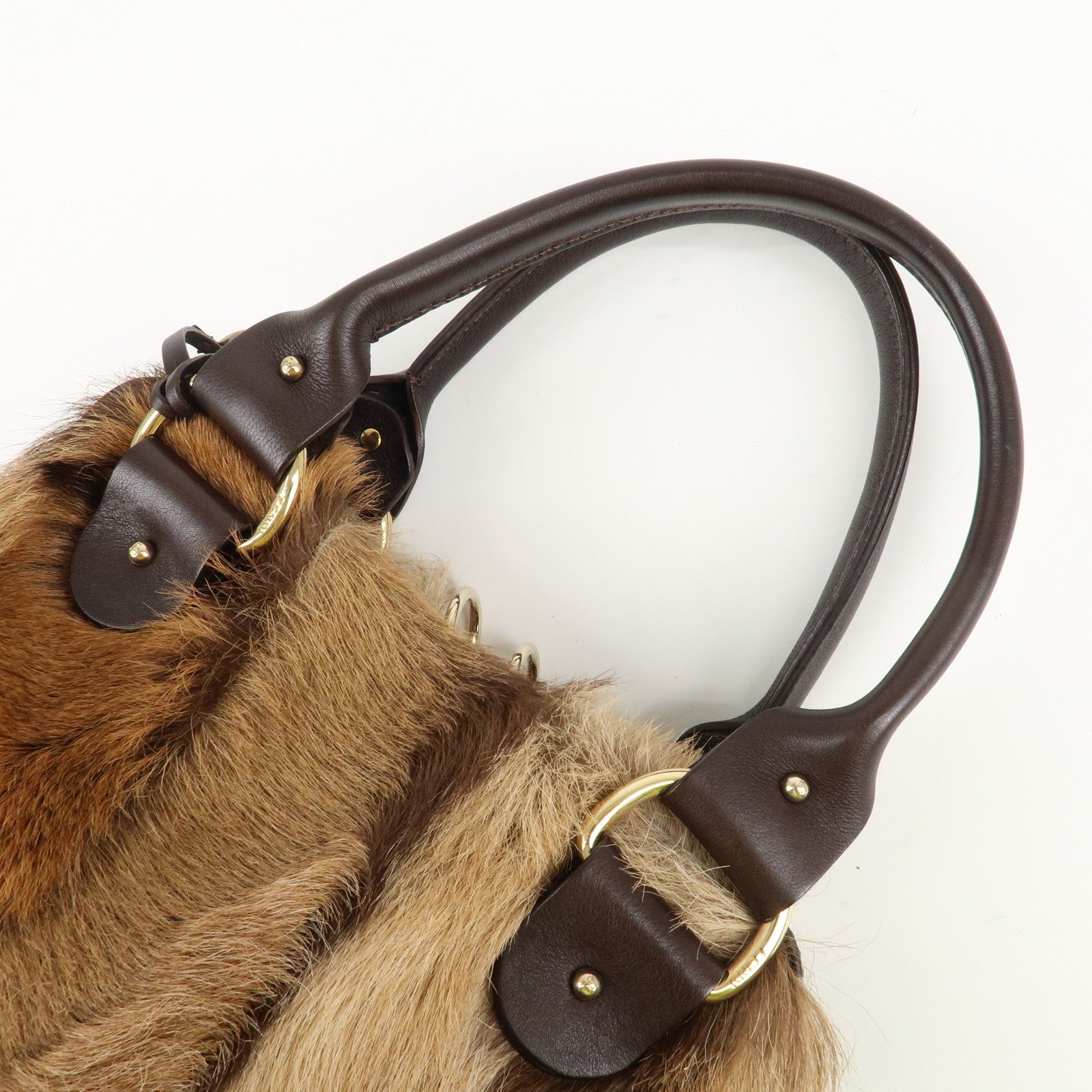 FENDI Fur Leather Tote Bag Hand Bag Shoulder Bag Brown 8BR286 Used