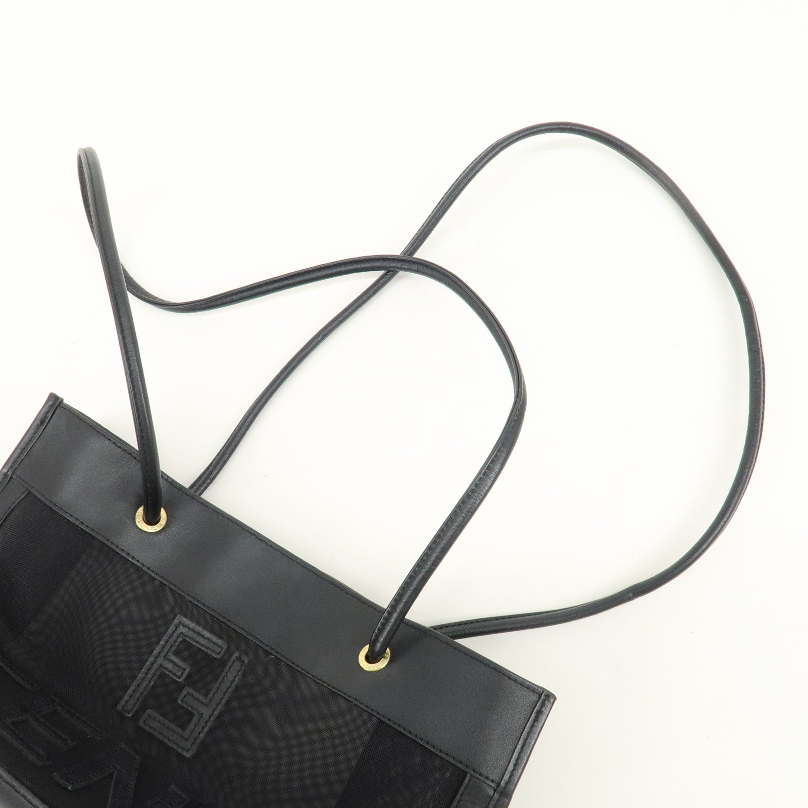 FENDI Mesh Leather Logo Tote Bag Hand Bag Black Small