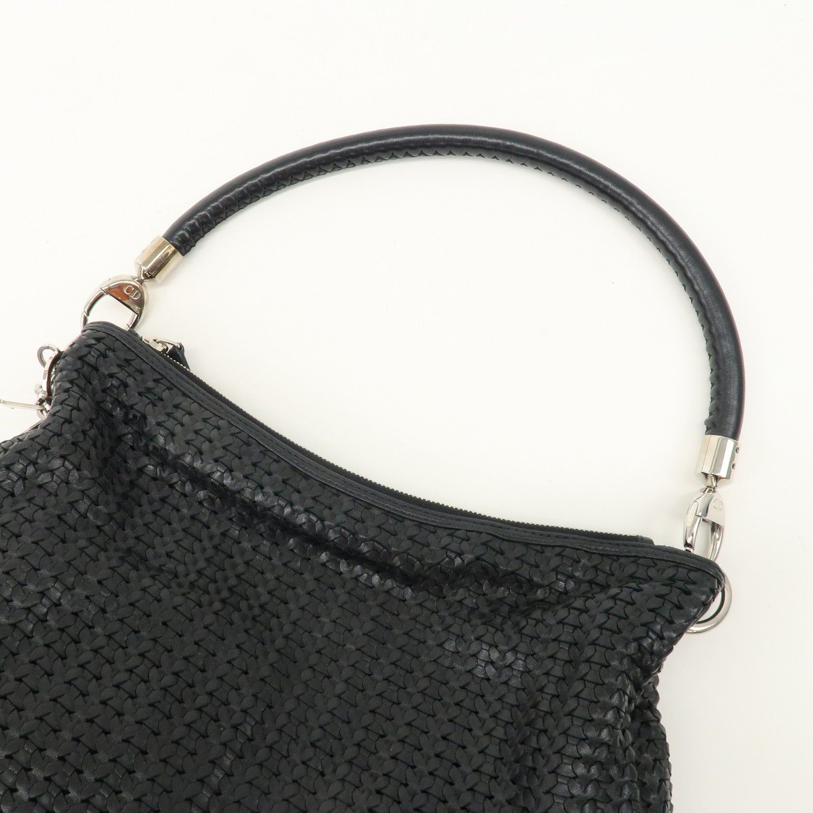 Christian Dior Woven Leather One Shoulder Bag Black Silver HDW